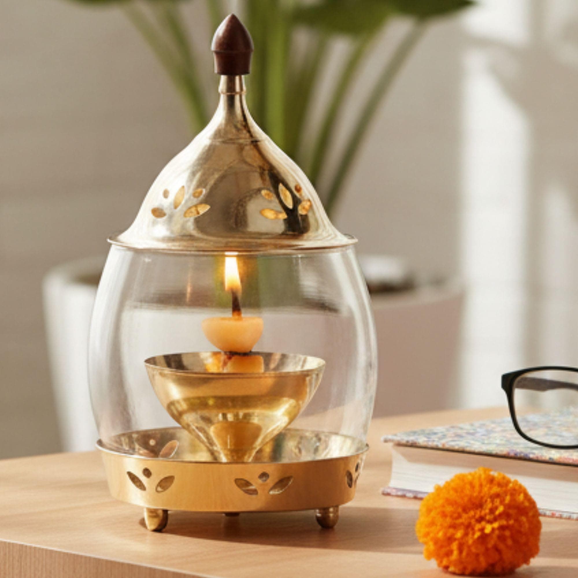 Ein Sof Decorative Brass Diya for Puja with Curved Glass Cover - 6.5 inch Home Decoration Oil Pooja Akhand Diyas, Big Size Room Lamp, Mandir Jyoti Wick Holder Stand, Gold Lid Lamps Decorations