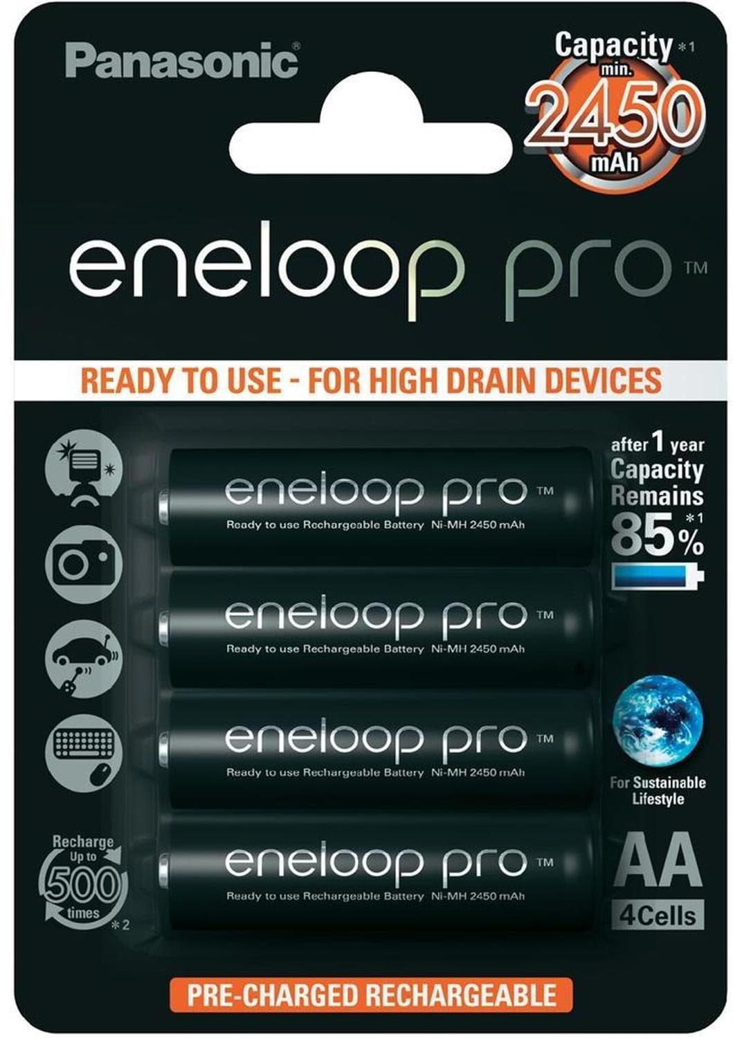 eneloop Panasonic Eneloop BK-3HCCE4BE Pro AA High Capacity Pre-Charged Rechargeable Batteries - Pack of 4