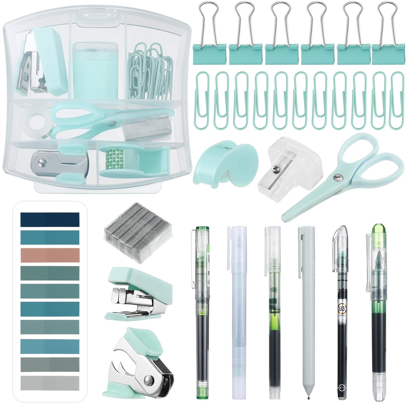 Colarr Mini Office Supply Kit Include Stapler Tape Dispenser Staple Remover Paper Clip Scissor Staple Pen Sharpener Note Small Telescopic Knife for Office Back to School Supplies Student Clerk(Green)