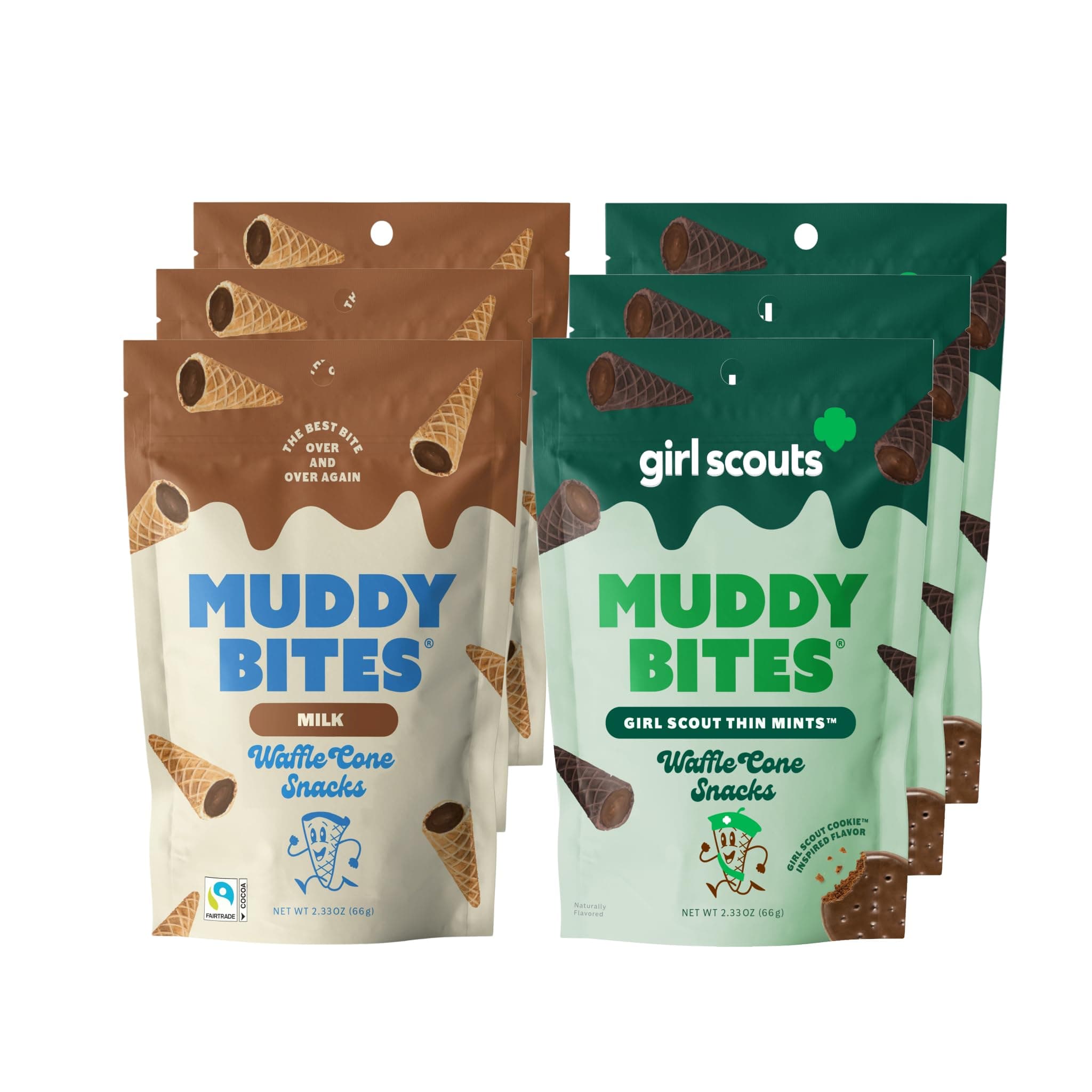 Muddy Bites Waffle Cone Snacks Bite Sized Filled Waffle Cone Bites for Snack or Dessert, Milk & Girl Scout Thin Mints™, Made with Cane Sugar, Kosher, Fair Trade Certified (Variety Pack, 6 Bags)