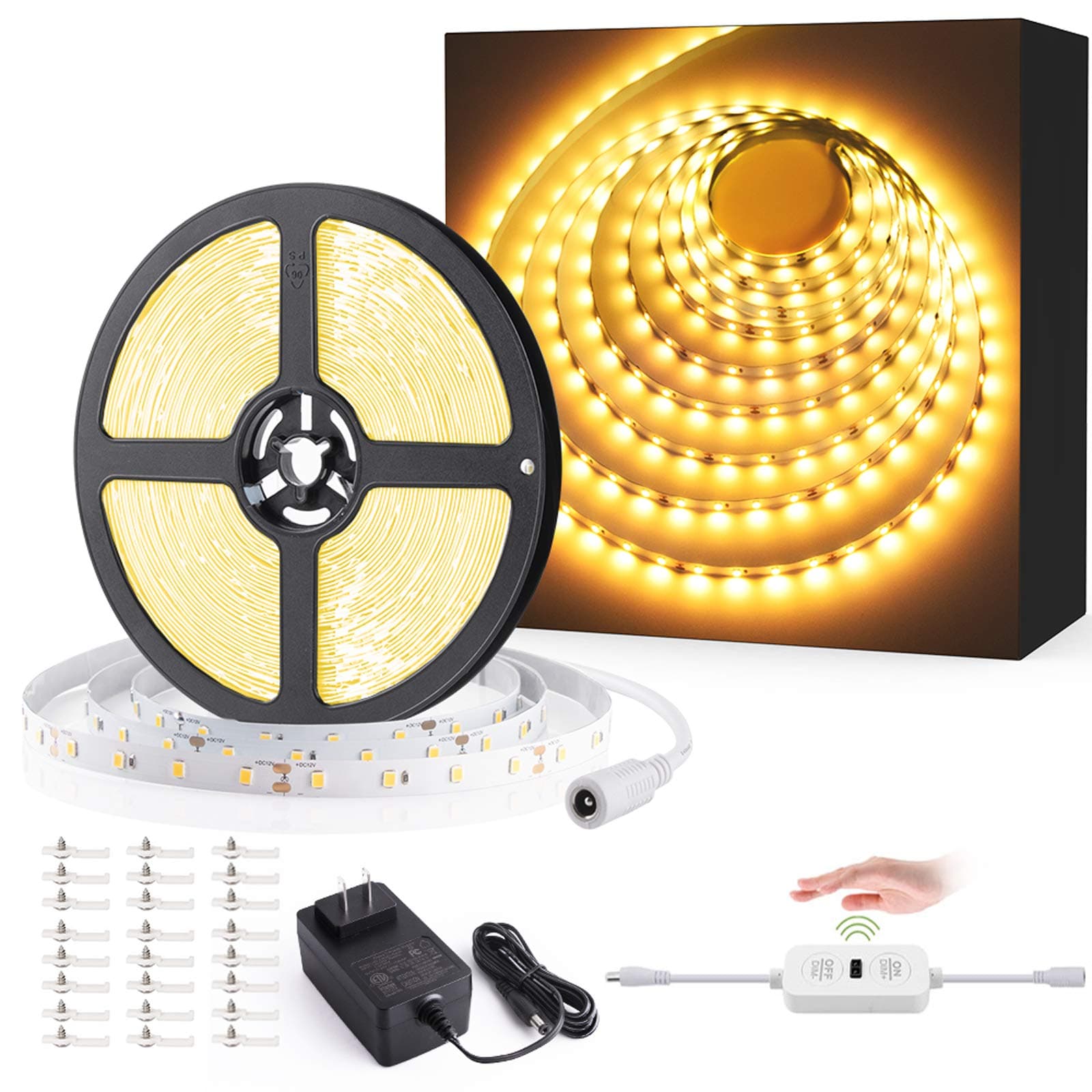 USTELLAR 40ft LED Strip Lights Hand Wave Activated Control, 720 LEDs Dimmable Light Strip 24V LED Ribbon Light, Under Cabinet Lighting Strips, Non-Waterproof LED Tape, 3000K Warm White, ETL Listed