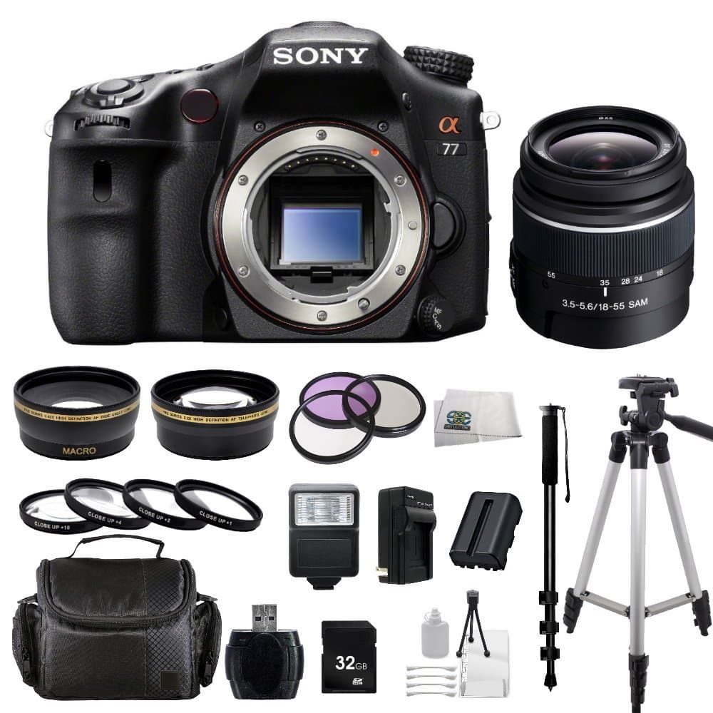 Sony SLT-A77 24.3 MP Digital SLR with Translucent Mirror Technology Includes Sony 18-55mm f/3.5-5.6 SAM DT Standard Zoom Lens for Sony Alpha Digital SLR Cameras, .43x Wide Angle & 2.2x Telephoto Lenses, 3 Piece Multi-Coated Filter Kit(UV-CPL-FLD), 4 Piece Close Up Macro Lens Set(+1,+2,+4,+10), 32GB Memory Card, USB Card Reader, Carrying Case, Monopod, Tripod and Cleaning Kit