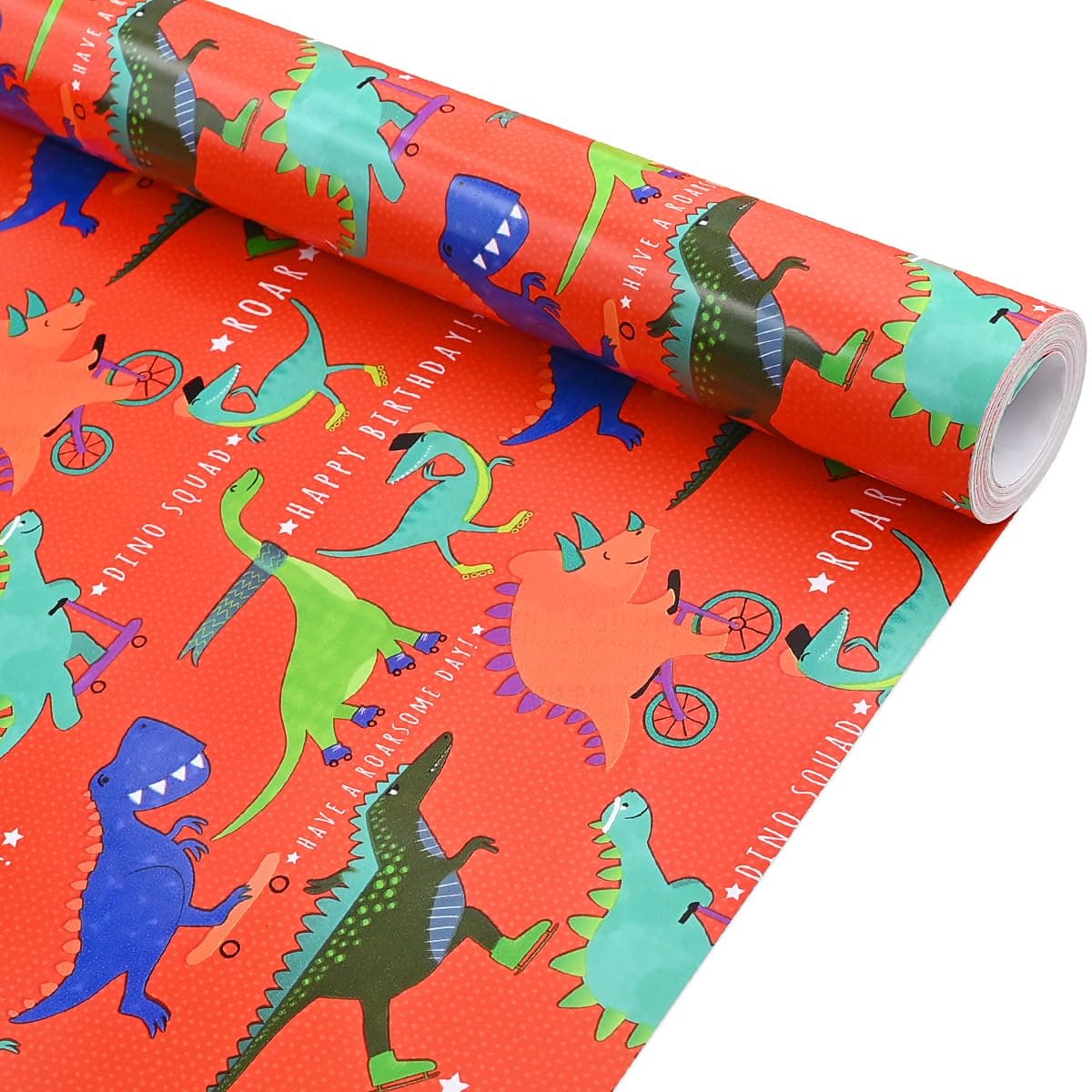 Red Dinosaur Birthday Wrapping Paper Roll for Children’s Birthday Decoration-