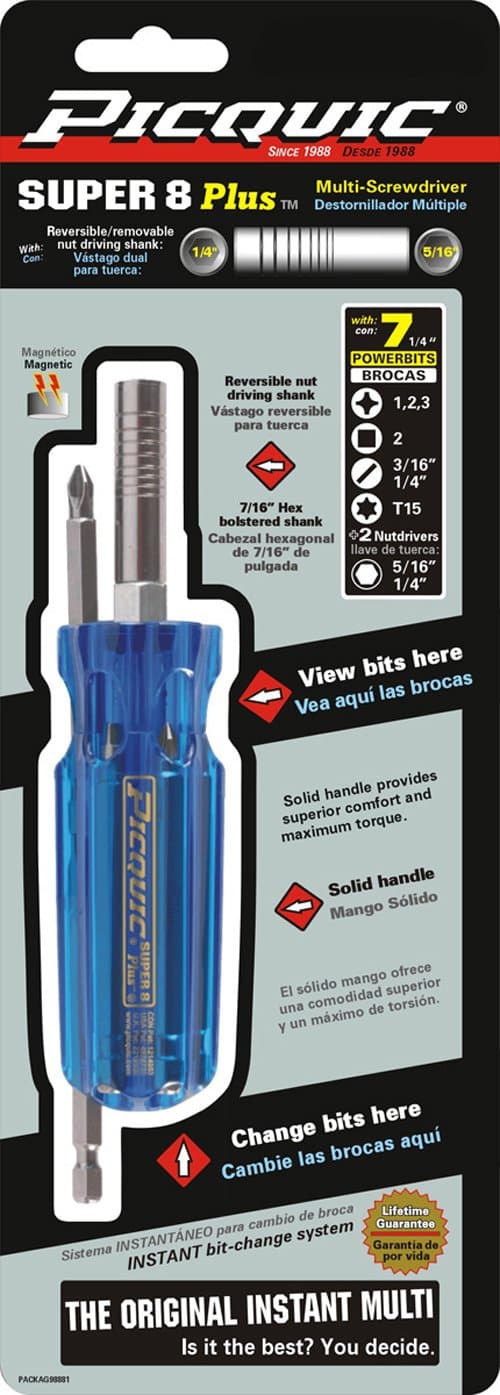 Picquic 98881 Carded Super 8 Plus 7 Multi Bit Screwdriver Nutdriver, Blue
