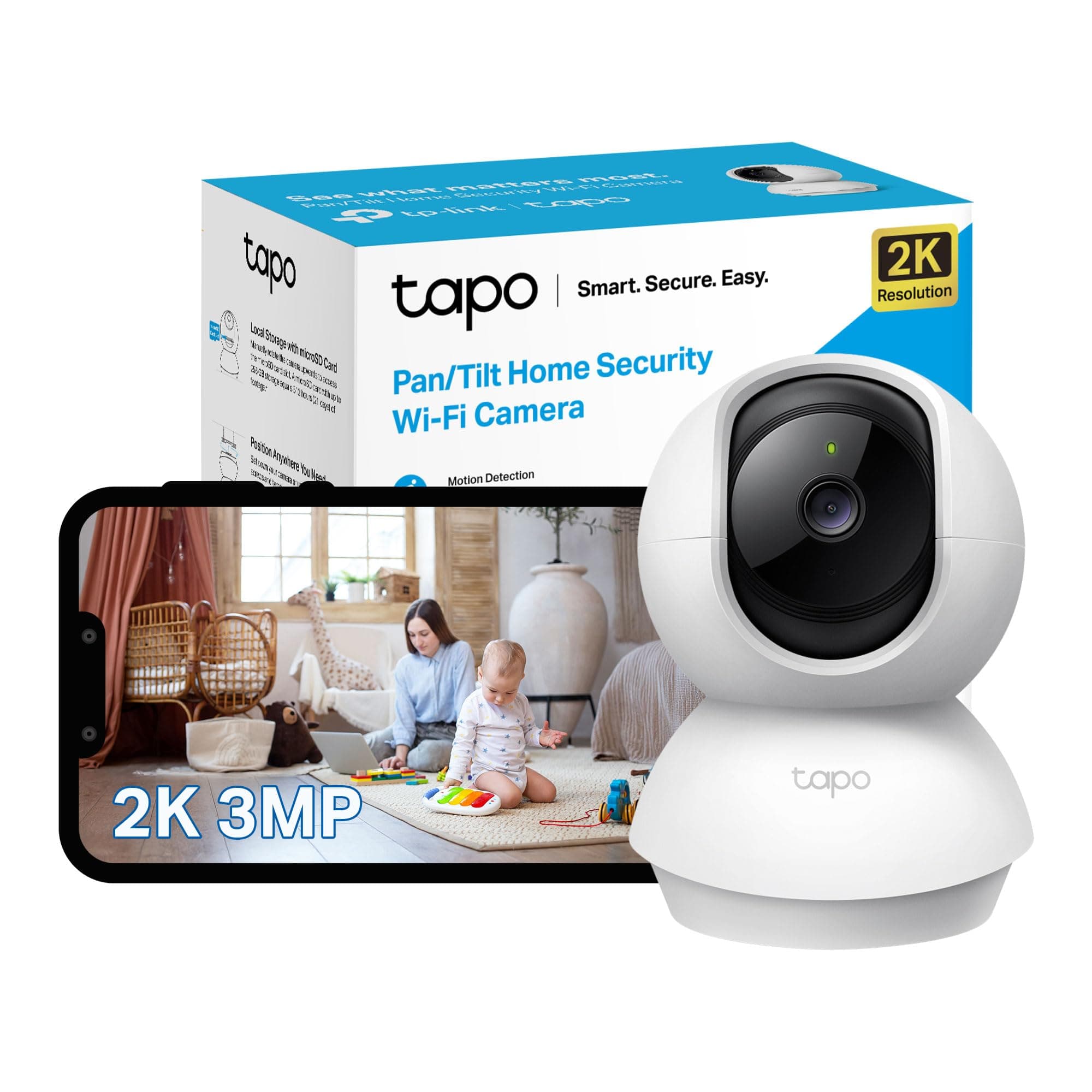 Tapo TP-Link Pan/Tilt Smart Security Camera, Indoor CCTV, 360° Rotational Views, Works with Alexa&Google Home, No Hub Required, 3MP(2304 × 1296) High Definition, Night Vision, SD Storage(C210)