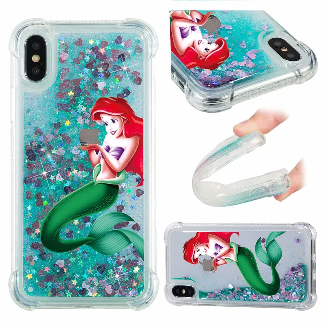 Case for iPhone X or iPhone Xs,Glitter Brilliant Soft Cute Fun Cool Cover Bling Bling Little Mermaid Ariel Eating/Holding Logo Apple Anti-Dropping Shockproof Protective Shell iPhone Cover