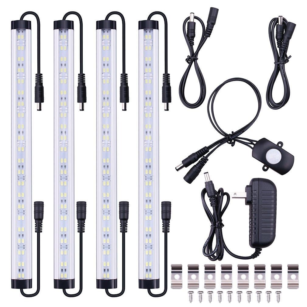 SUNWOW Motion Sensor LED Under Cabinet Lighting Kit - 4pcs Extendable Under Counter LED Light Bar for Gun Box, Locker, Closet, Shelf, Reception Desk, Kitchen, Show Case Lighting (White)