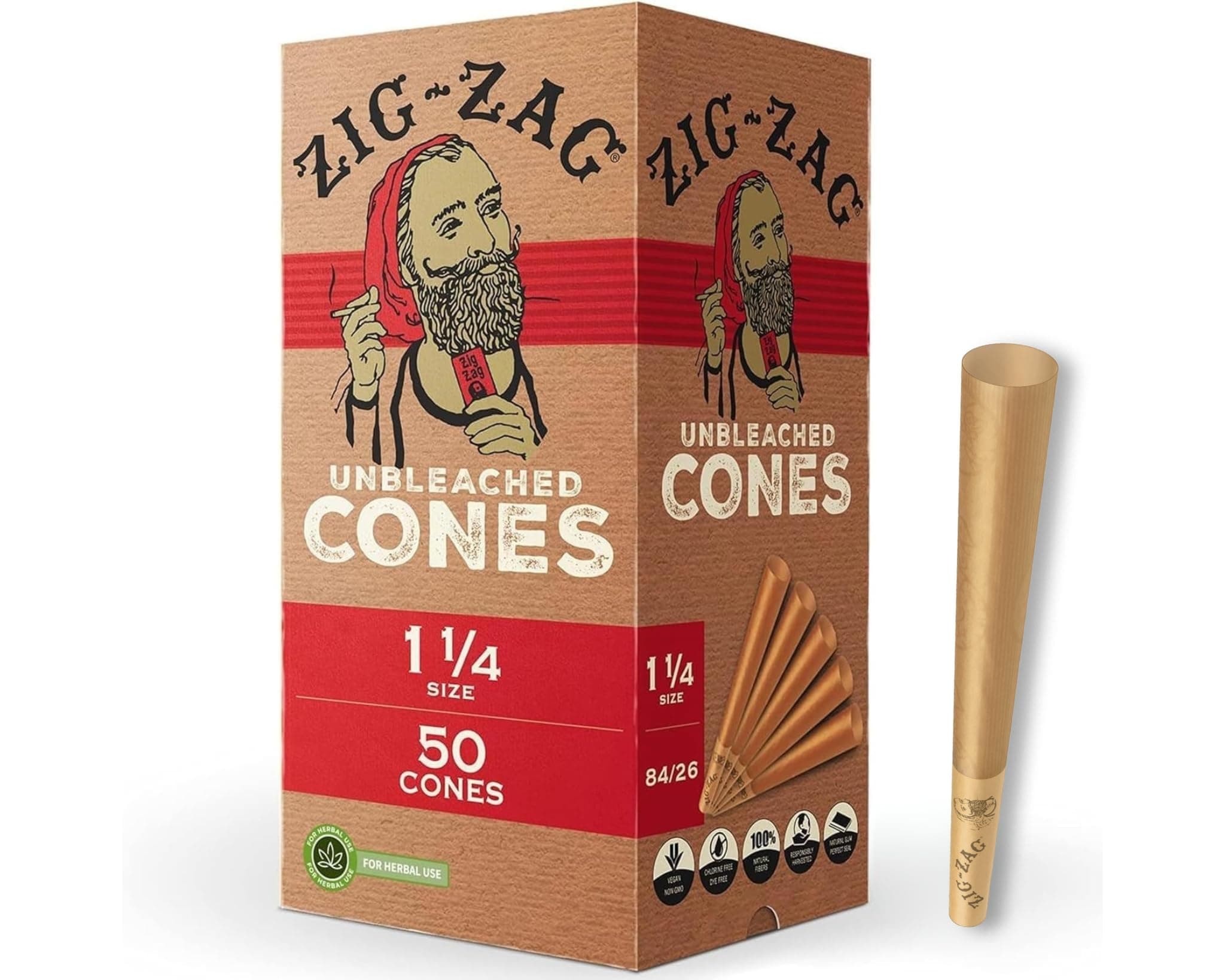 ZIG-ZAG Pre Rolled Cones 1 1/4 Size (50 Pack) Unbleached - Slow Burning Pre Rolled Cones with Tips & Packing Tubes Included - Bulk Pack
