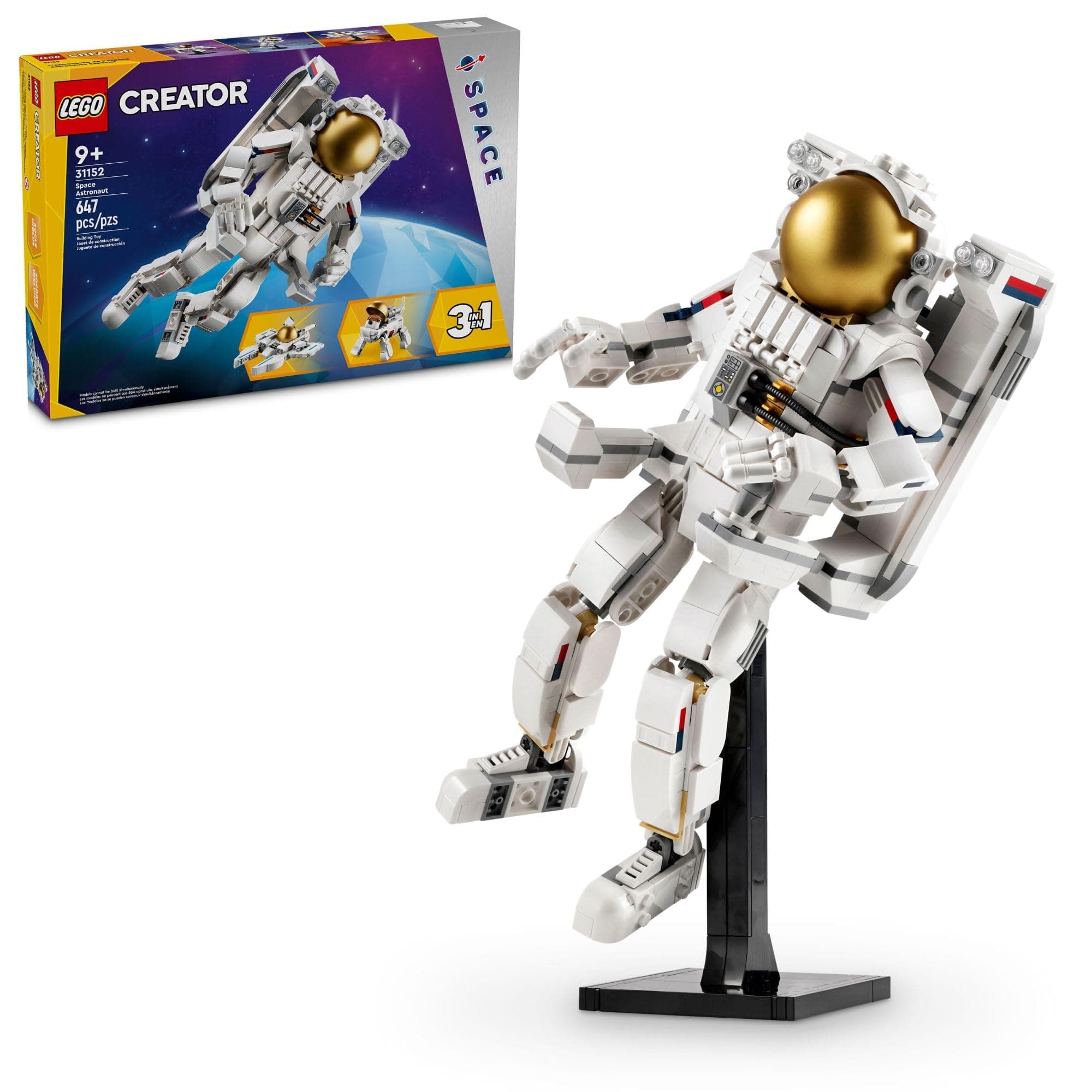 Creator 3 in 1 Space Astronaut Toy, Building Set Transforms from Astronaut Figure to Space Dog to Viper Jet, Space-Themed Gift Idea for Boys and Girls Ages 9 Years Old and Up, 31152
