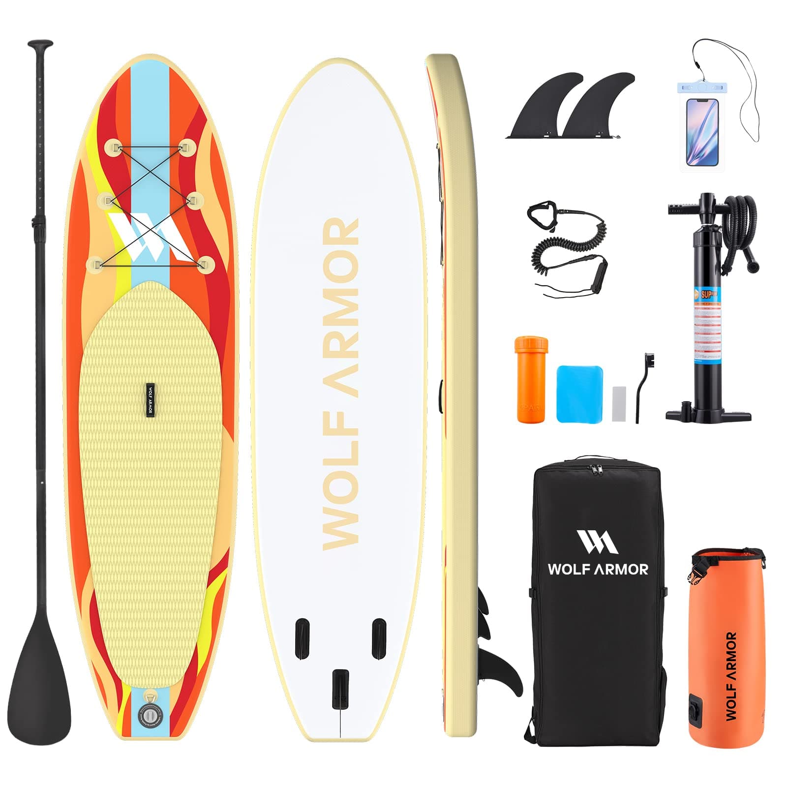 WOLF ARMOR Inflatable Stand Up Paddle Board with SUP Accessories&Adjustable Paddle, Removable Fin, Safety Leash, Hand Pump, Backpack, Waterproof Bag, Antislip Deck, Standing Boat for Youth and Adult