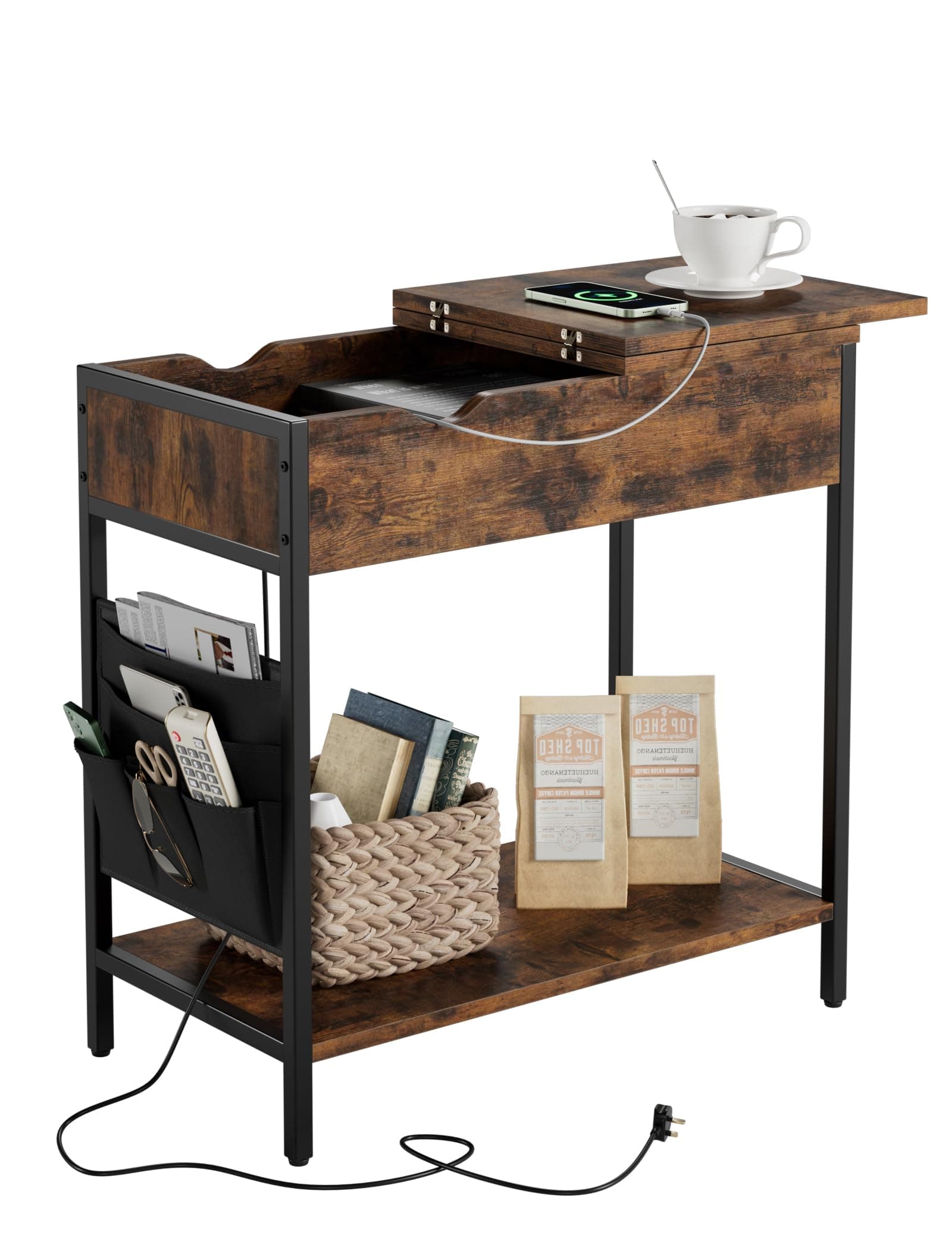 Nicehill Side Table with Charging Station, Narrow End Table with USB Ports, Outlets, Fabric Bags, Storage Shelf, Narrow Bedside Table for Small Rooms, Bedroom, Living Room, Easy Assembly, Rustic Brown