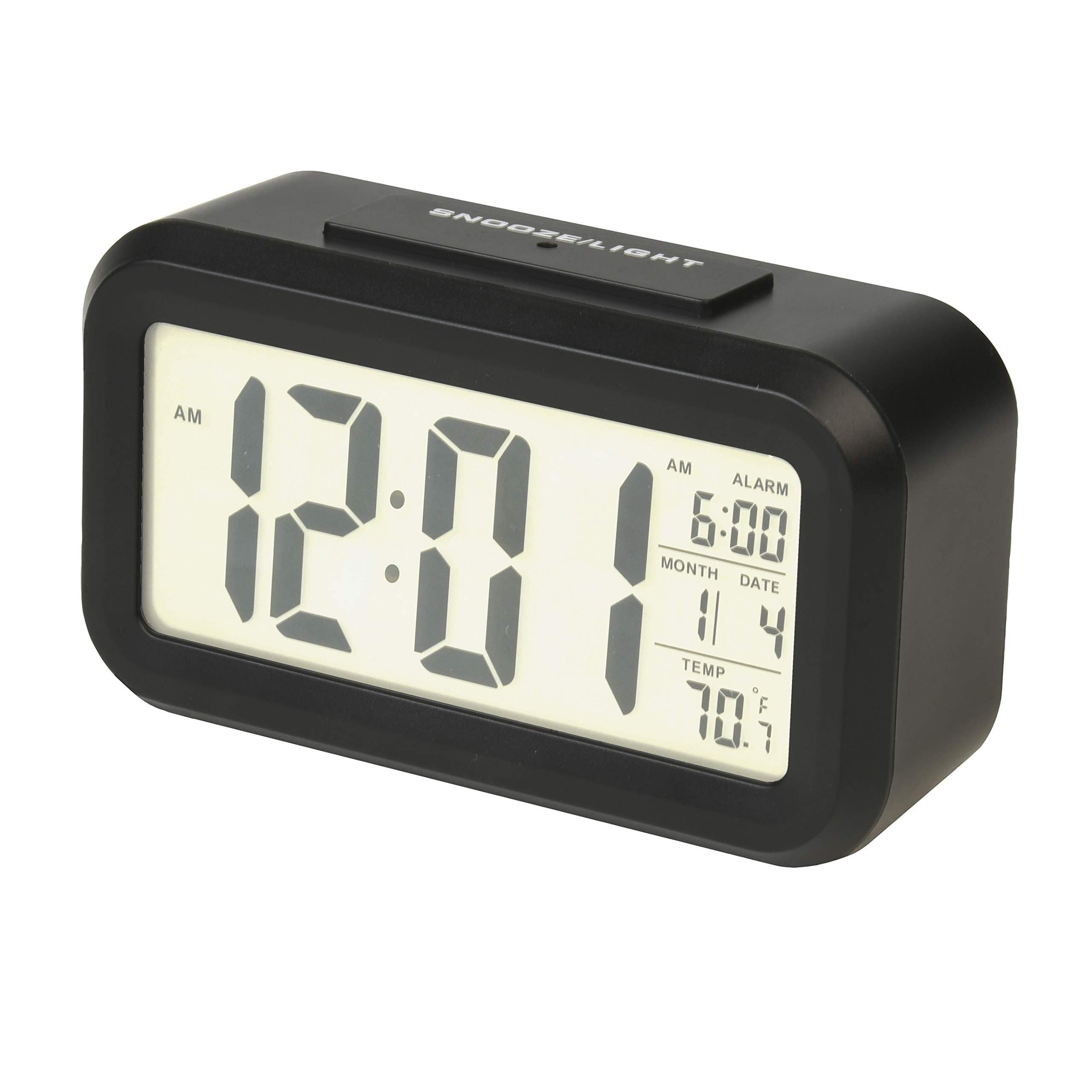 Portable Alarm Clock with Auto Night Light Sensor, Adjustable Brightness, Indoor Temperature Display, Full Calendar with 12 or 24 Hour Options