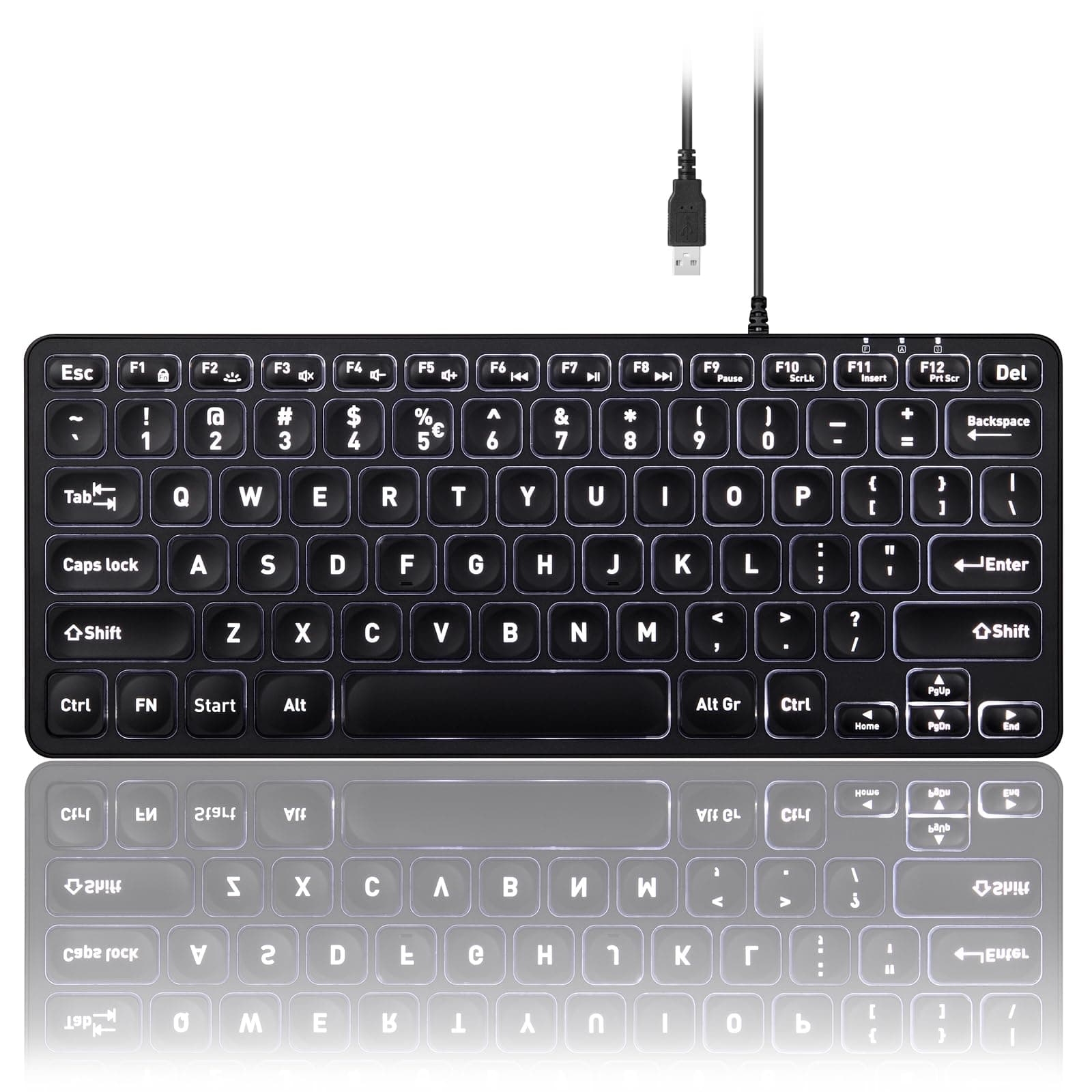 Perixx PERIBOARD-332 Wired Backlit USB Keyboard - Mini 11.22x4.57x0.83 Inches - Slim Scissor Keys with Big Font - White Illuminated LED - US English