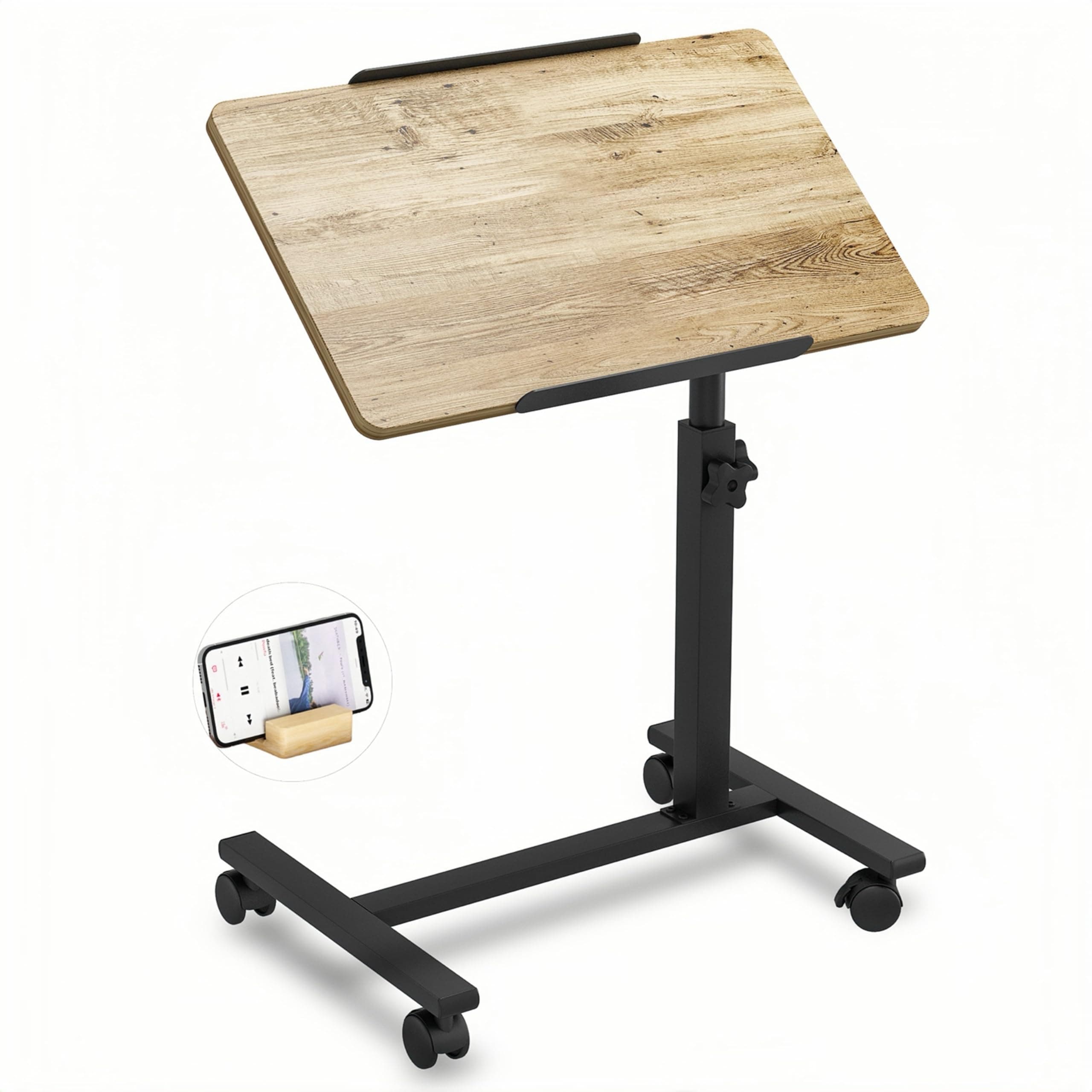 JXINONTAdjustable Tilt Overbed Beside Table with Wheels Computer Workstation Tray Desk Portable Standing Desk Medical Table-Coffee