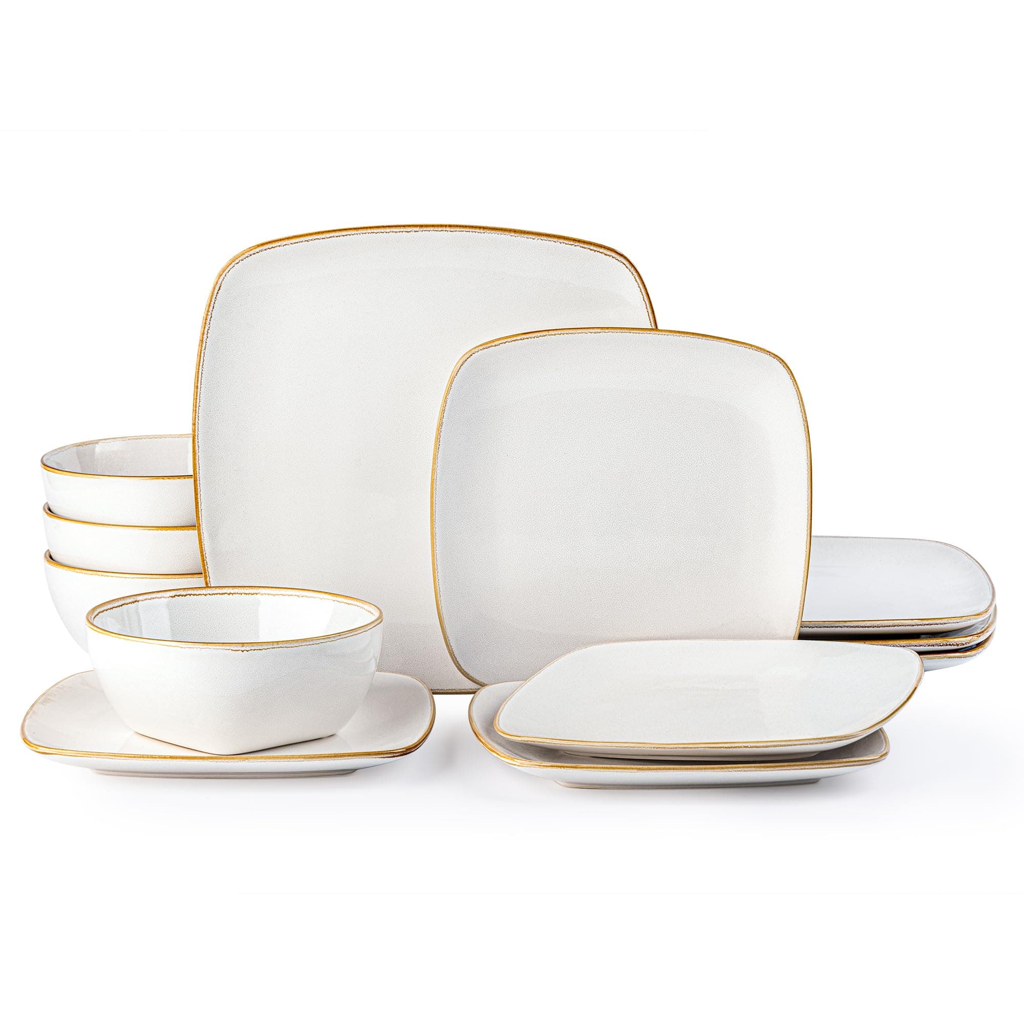 Ceramic Dinnerware Sets for 4, 12 Pieces Square Handpainted Plates and Bowls Set, Chip and Scratch Resistant Stoneware Dishes Set, Dishwasher & Microwave Safe, Pearl White