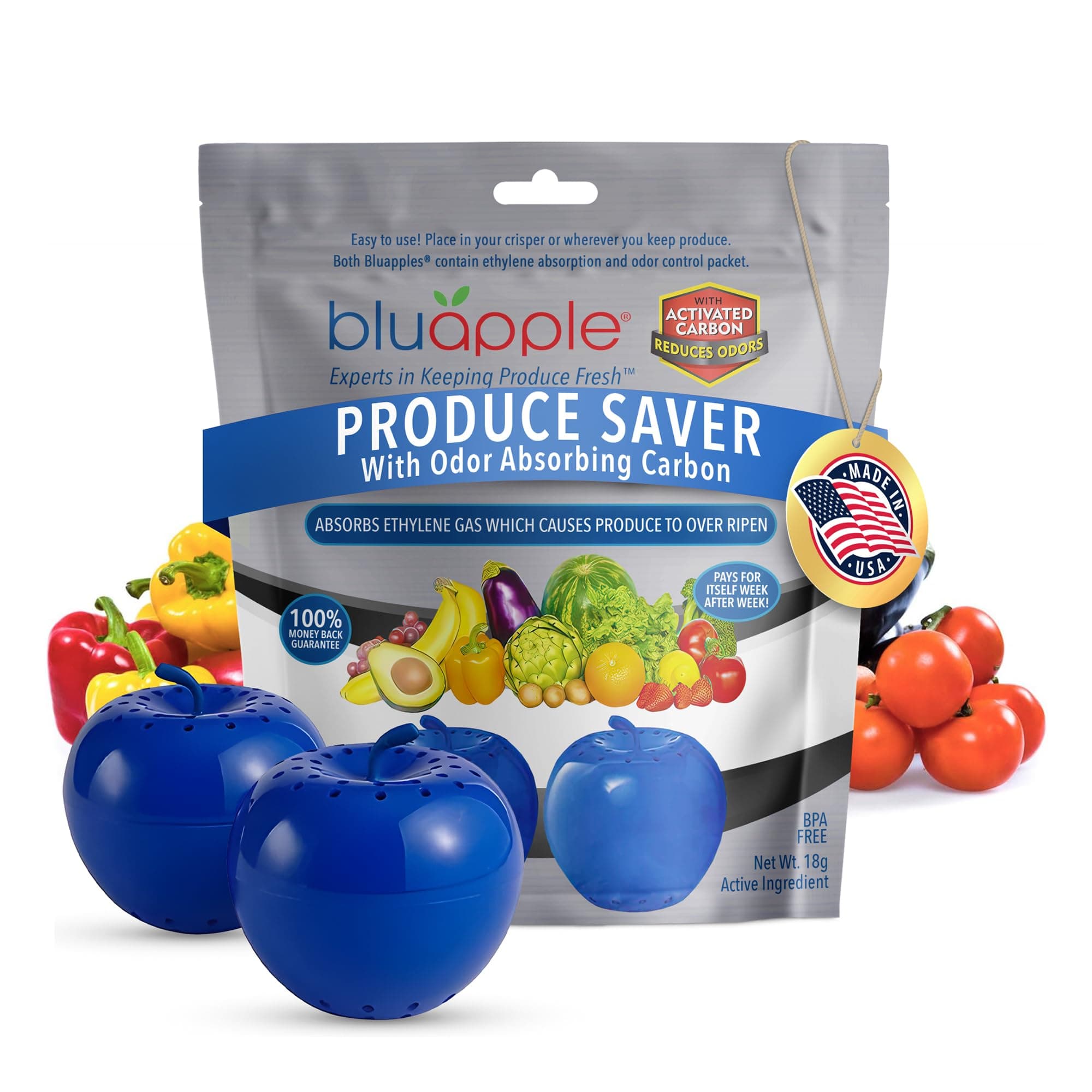 Bluapple Produce Saver with Activated Carbon - Ethylene Gas Absorber, Keep Fruits & Vegetables Fresh Longer, Minimize Food Waste, Refrigerator Odor Absorber, Produce Storage Extends Shelf Life, 2 Pack