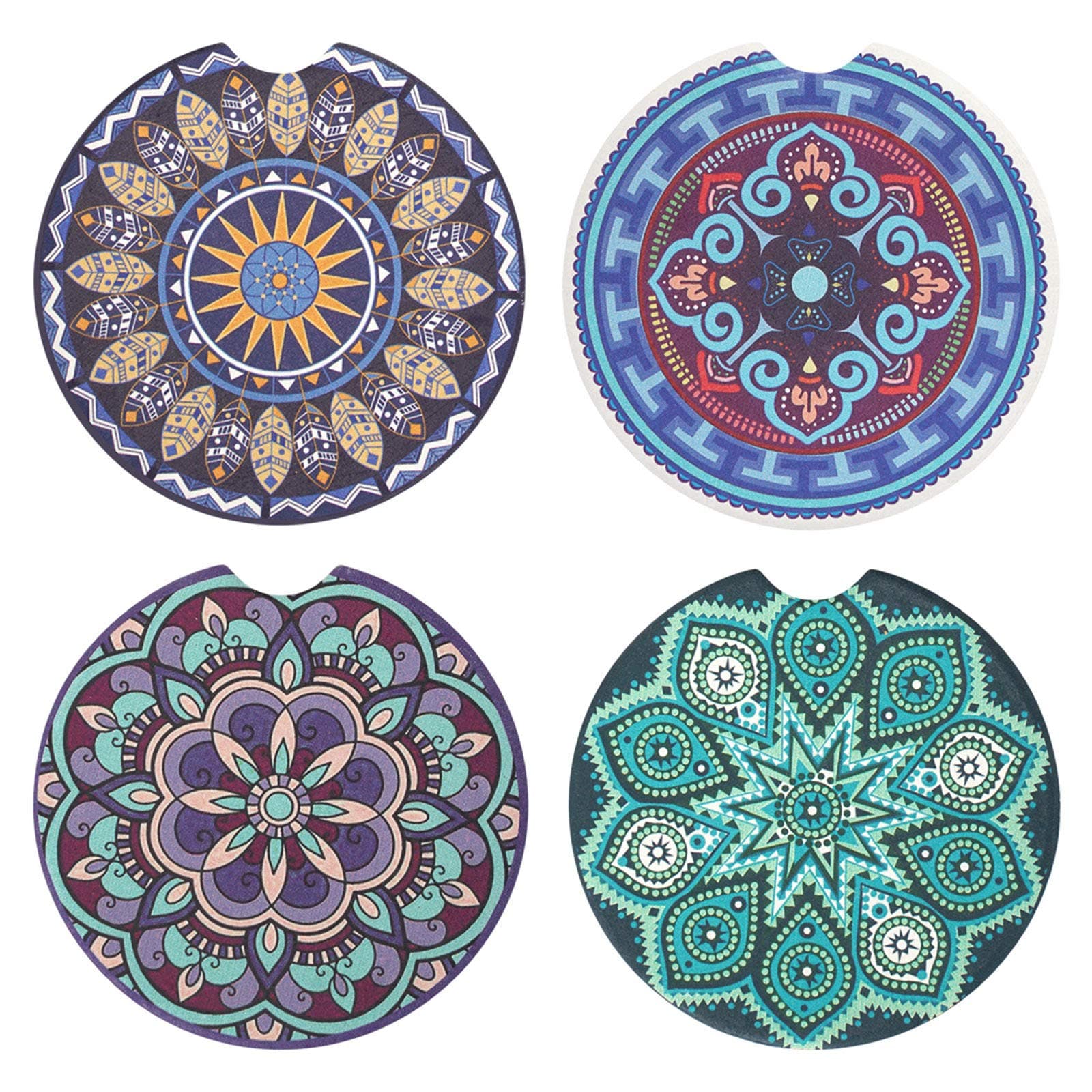 Vaincre 4 Pack 2.56" Car Coasters for Drinks Absorbent, Mandala Ceramic Cup Holder Coaster for Your Car with Fingertip Grip, Removable Cute Auto Accessories, Keep Vehicle Clean for Women & Girls