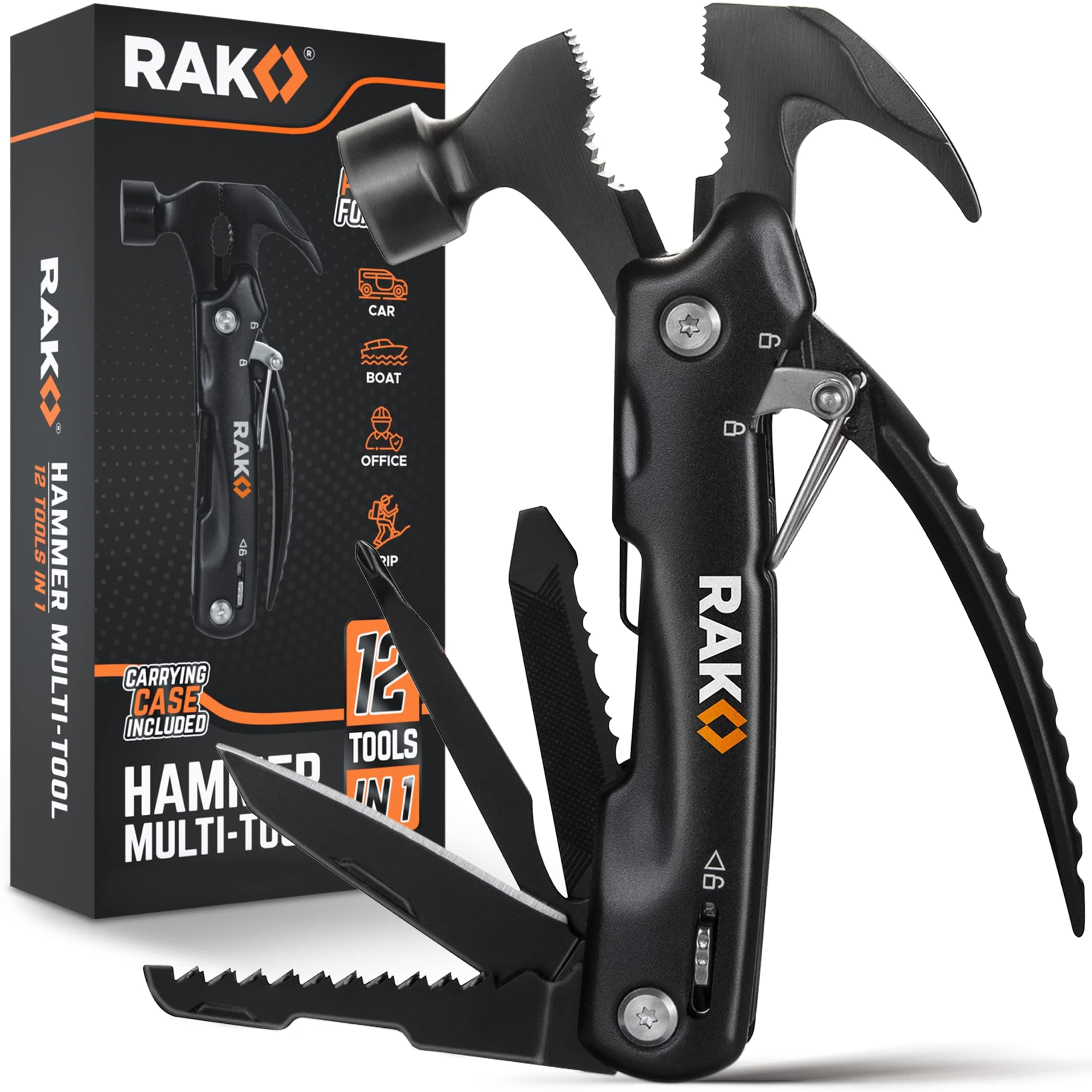 RAK Hammer Multi-Tool - Multi-Functional 12 in 1 Mini Hammer Camping Gear Survival Tool for Men, DIY Handyman, Father/Dad, Husband, Boyfriend Black