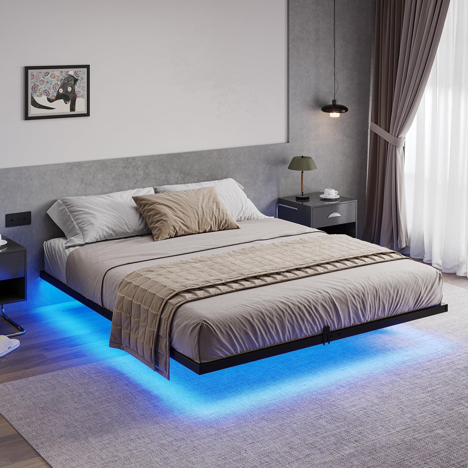 Hasuit Floating Bed Frame Full Size with LED Lights, Metal Platform Full Bed, No Box Spring Needed, Easy to Assemble (Full)