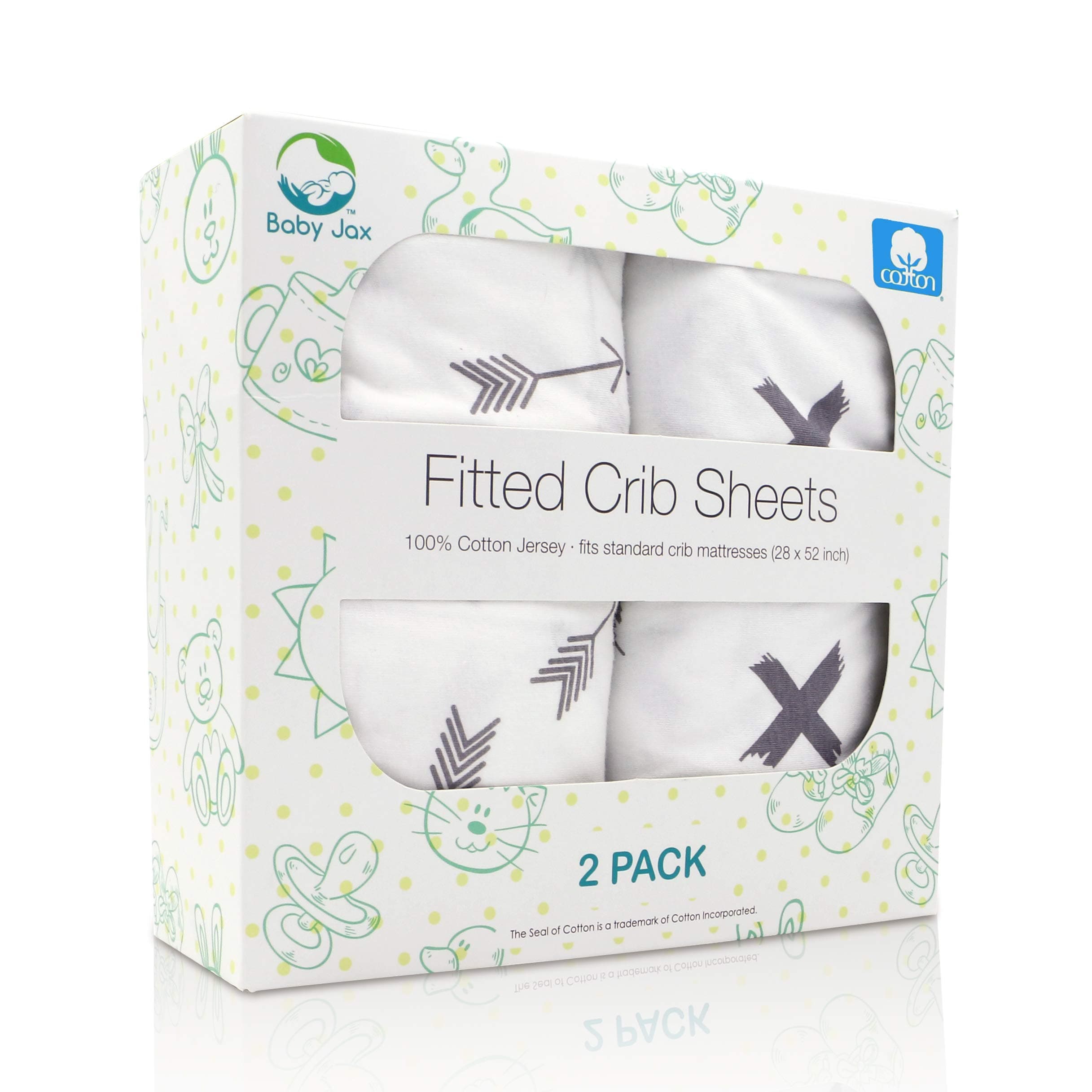 Premium Grey Fitted Crib Sheet Set (2 Pack) | Full Size | 100% Jersey Cotton | Certified No Harmful Chemicals | Adorable Modern Gray Arrows + X Designs | Infant Baby Crib Sheets for Boys and Girls