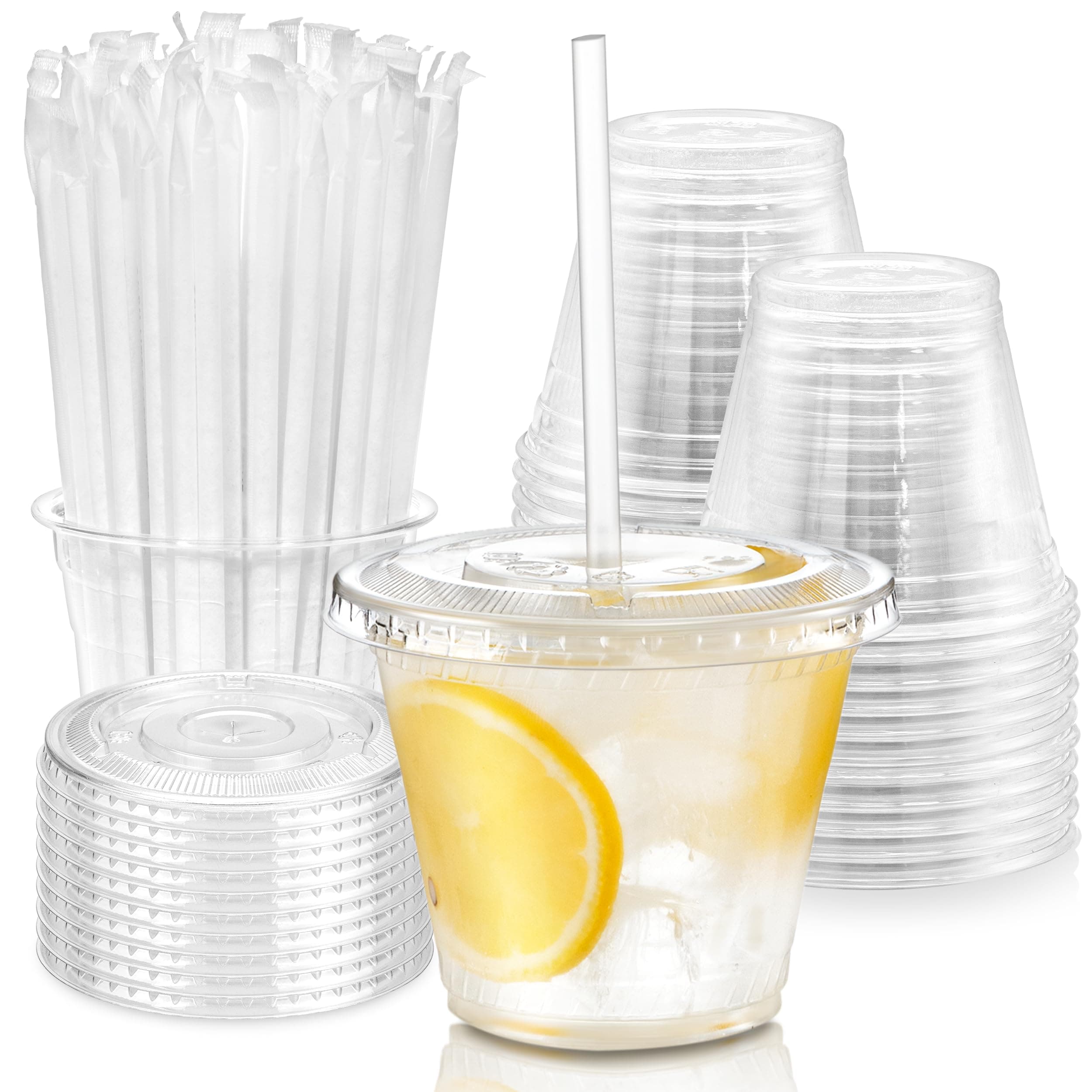 Fit Meal Prep 100 Pack 9 oz Plastic Iced Coffee Cups with Flat Lids and Clear Straws, Disposable Clear Cup, BPA Free Cup for Party, Smoothie, Cold Drinks, Juice, Milkshake, Bubble Boba, Tea
