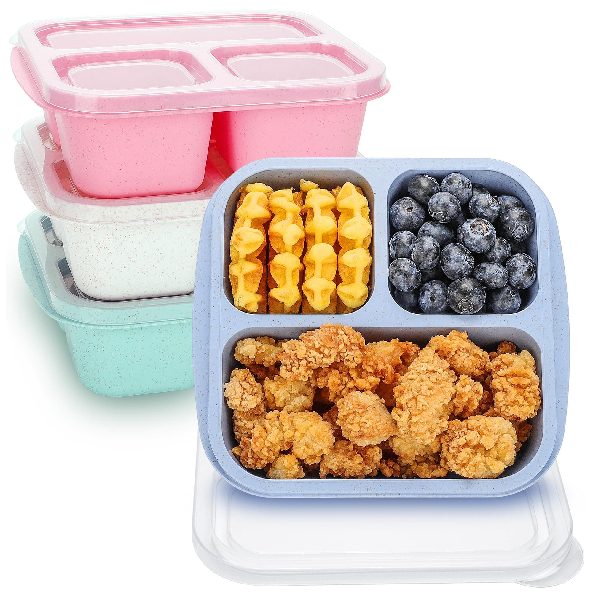 Bento Snack Boxes 4 Pack, 3 - Compartment Meal Prep Container for Kids, Reusable Food Storage Snack Containers, Stackable for School, Work, and Travel