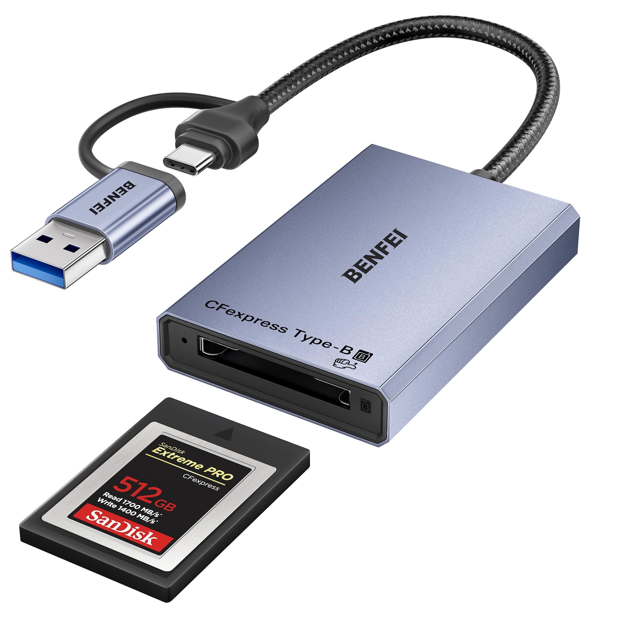 BENFEI CFexpress Type B Card Reader with USB 3.2 (Gen 2) 10Gbps, USB-C&USB-A 2-in-1 Type B CFexpress Adapter, Compatible with Windows/Mac/Linux/Android(Not for XQD Card)