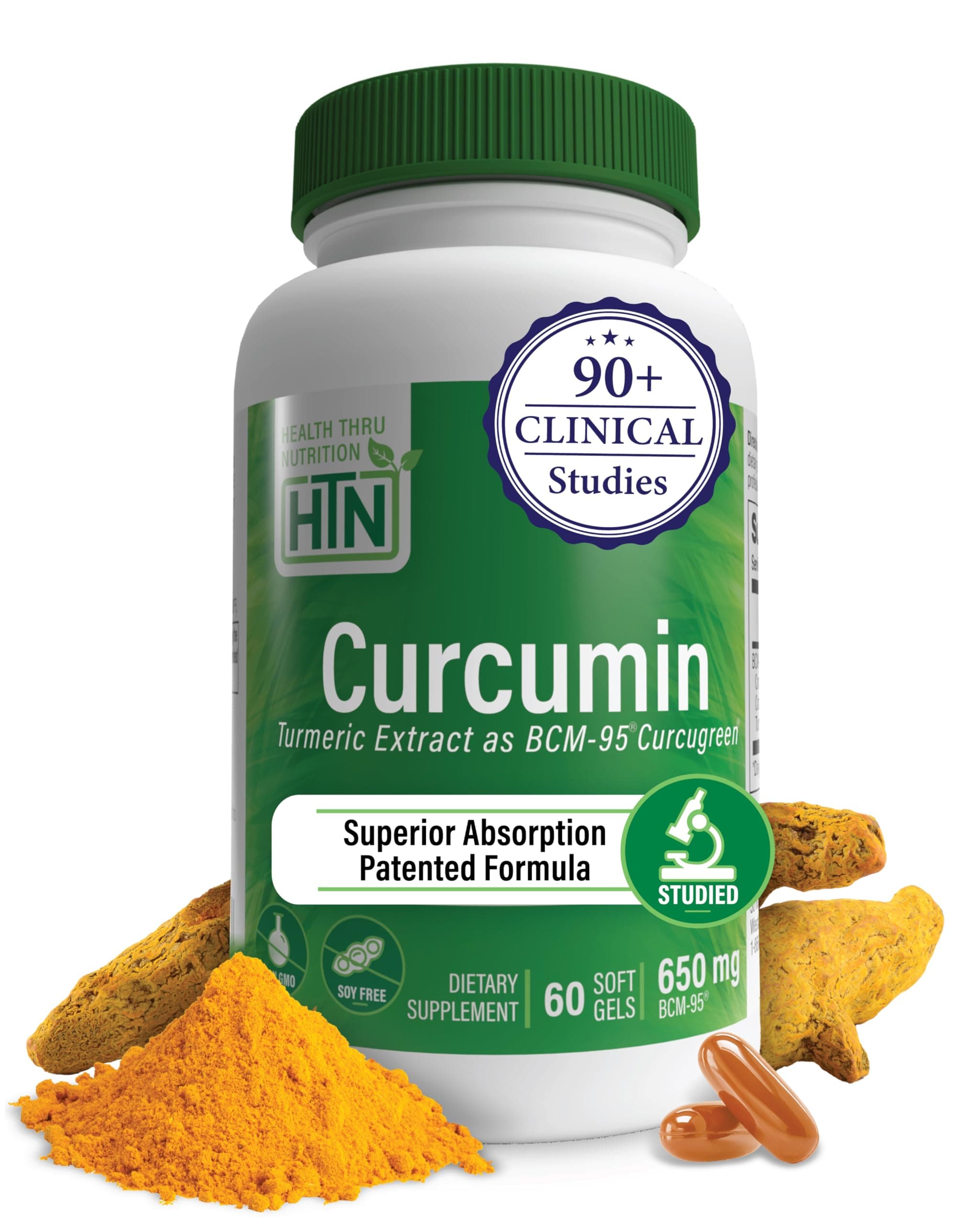 Health Thru Nutrition Curcumin 650mg BCM-95 Curcugreen | Turmeric Curcumin Complex | High Absorption | Healthy Inflammation Response | Clinically Studied | 3rd Party Tested | Non-GMO (Pack of 60)