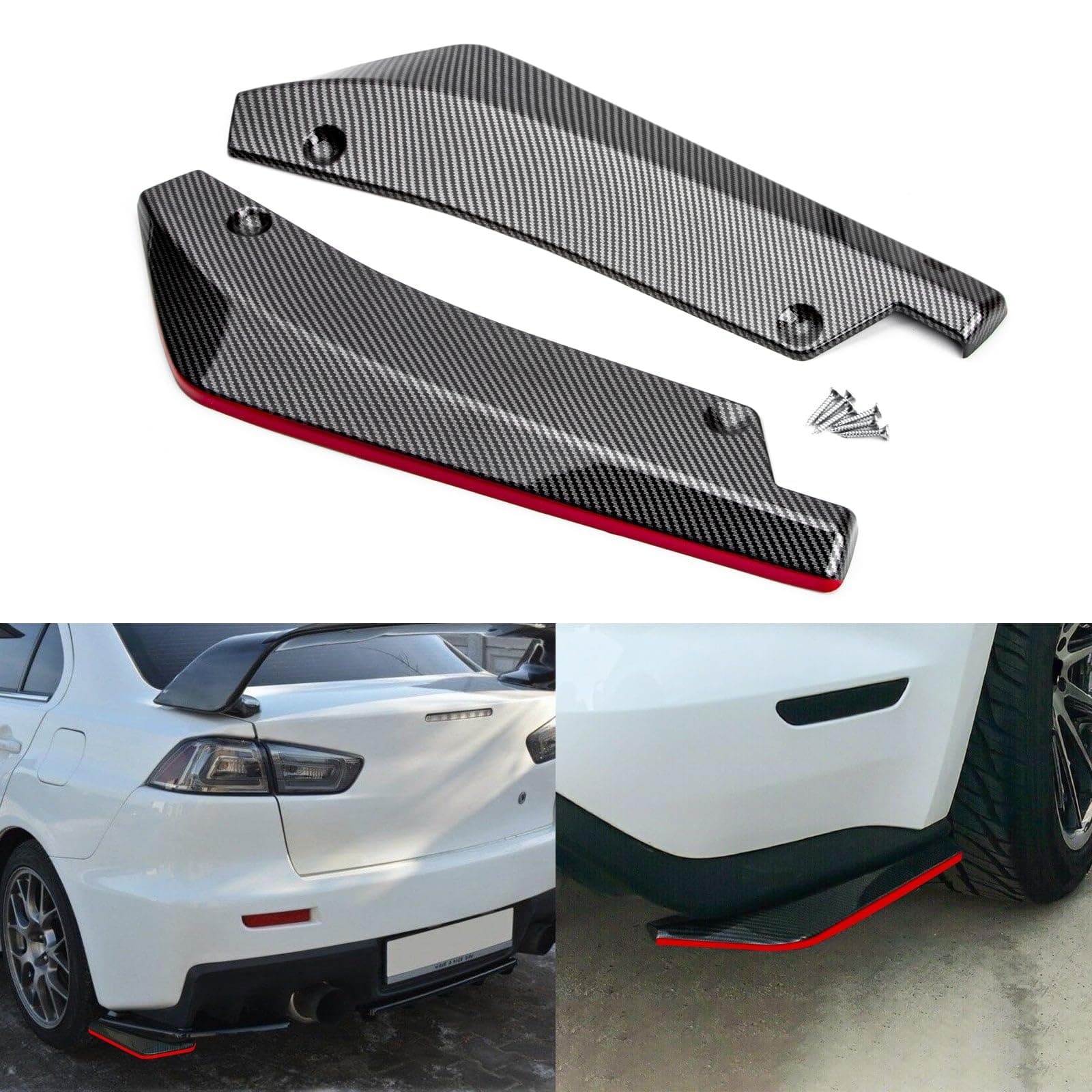 x xotic tech JDM Rear Bumper Diffuser Valance Spoiler Fin Lip Trim Universal Car Side Fender Skirt Lip Splitter Canard Protector (1 Pair, Carbon Fiber w/Red)