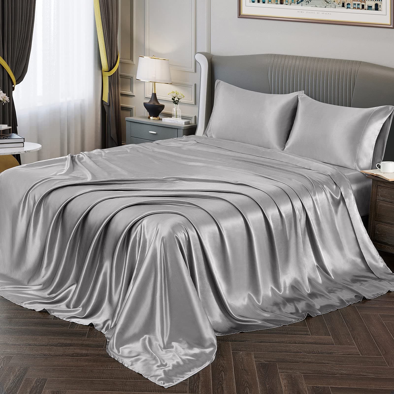 Satin Sheets Silky Satin Sheet Set, Deep Pocket Fitted Sheet + Flat Sheet + Pillowcase Bedding Set (King, Silver Grey)