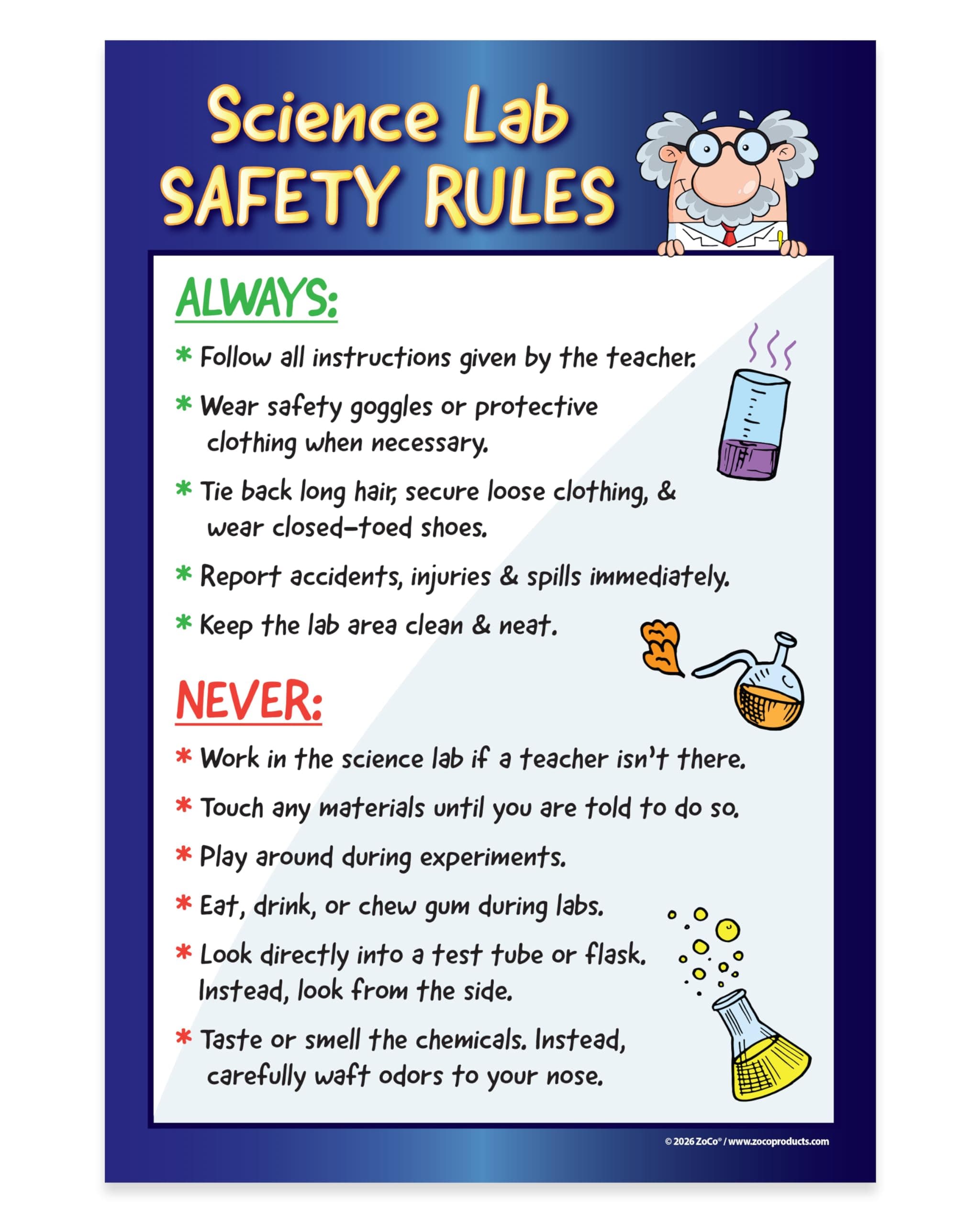 ZOCO – Science Lab Safety Rules Poster – Laminated 12x18 Classroom Chart for Middle & High School – Chemistry, Biology, Physics Laboratory Decor for Teachers & Students