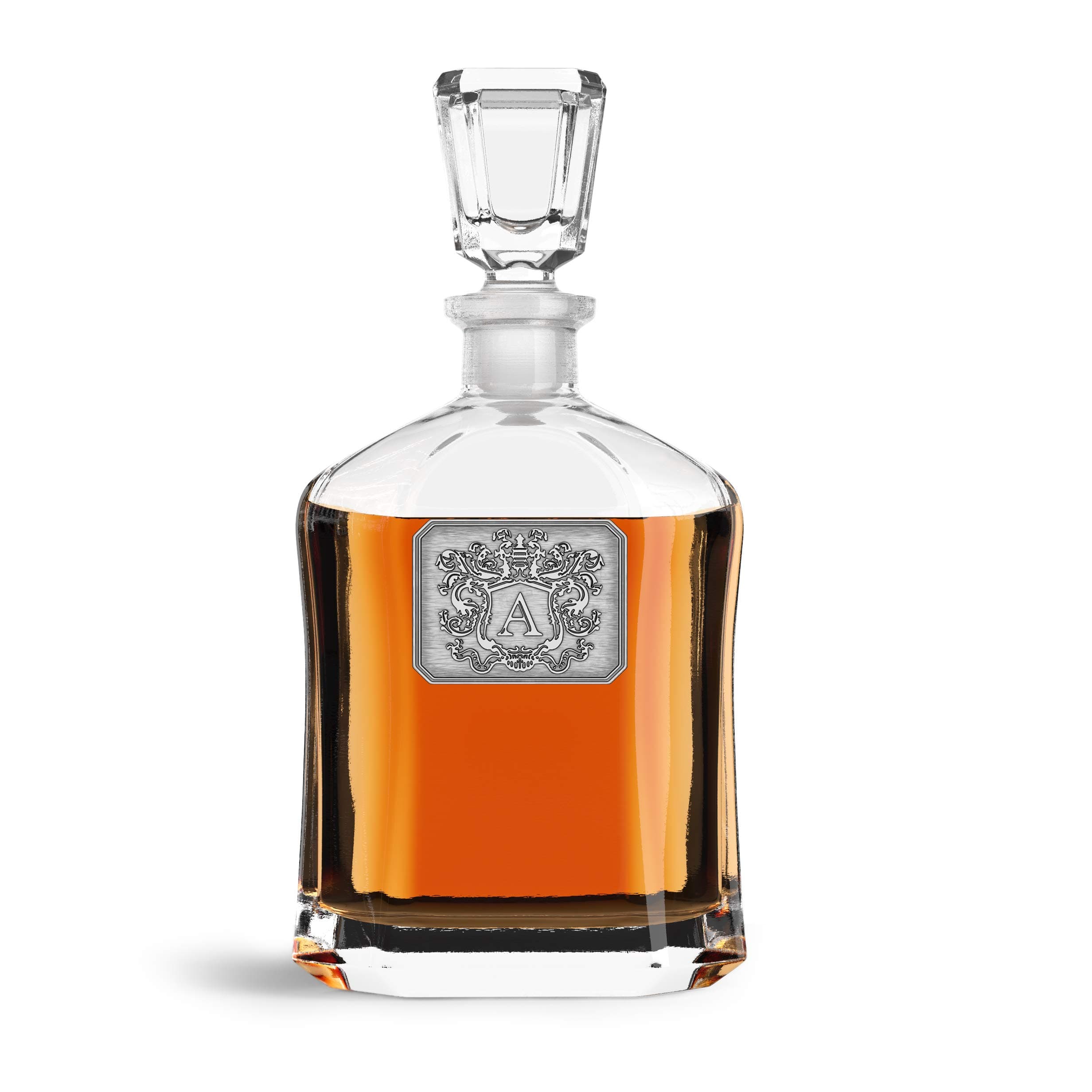Personalized Whiskey Decanter Bottle Glass – Monogram Initial Pewter Engraved Crest - Novelty for Weddings, Birthdays or any Special Occasions – Pick Your Letter (A, 24oz)