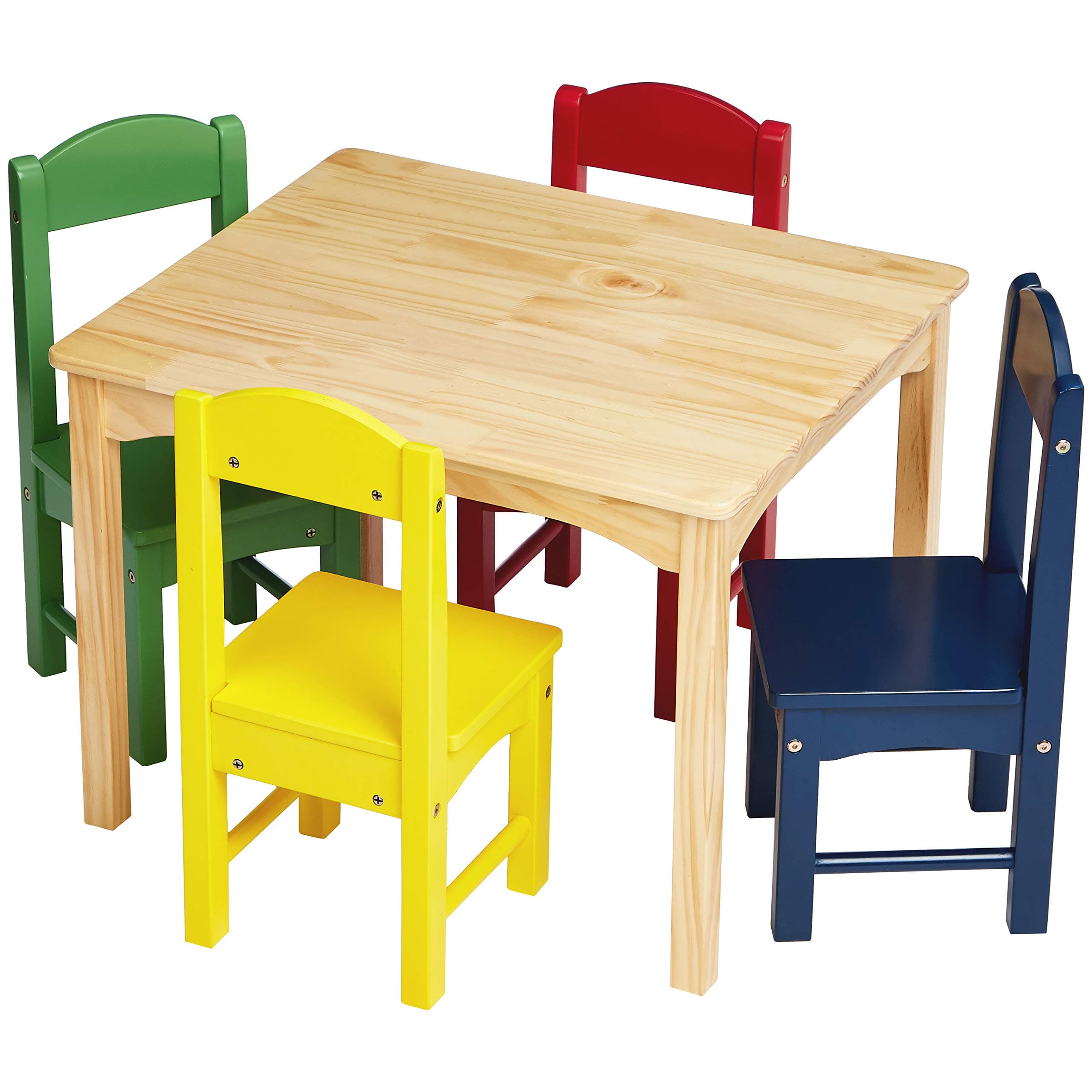 Amazon Basics Kids Table and 4 Chair Set, 5 Count, Onesize, Natural Wood and Assorted Color Chairs