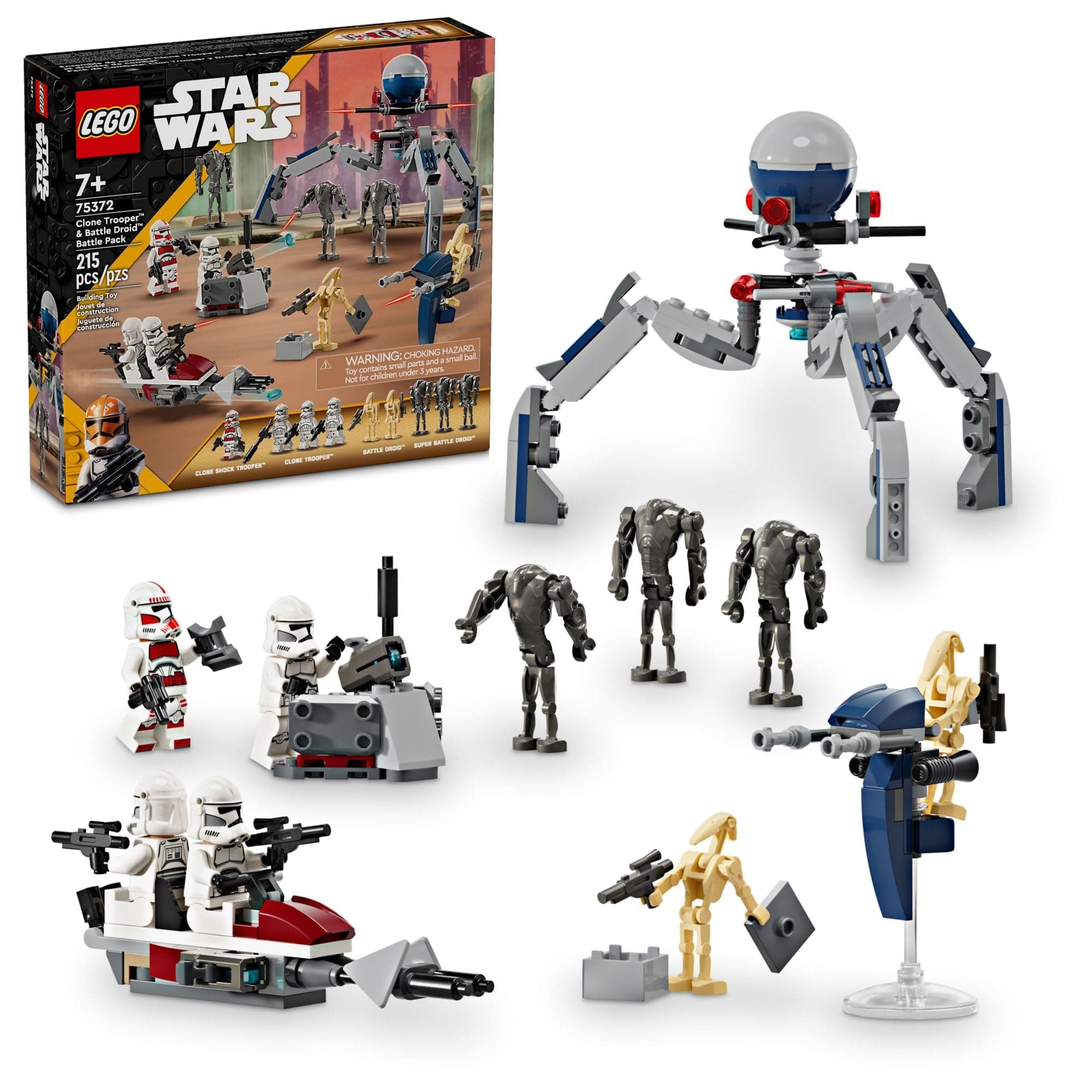 Star Wars Clone Trooper & Battle Droid Battle Pack Set for Kids, Buildable Toy Speeder Bike Vehicle, Tri-Droid and Defensive Post, Collectible, Gift for Boys and Girls Aged 7 and Up, 75372
