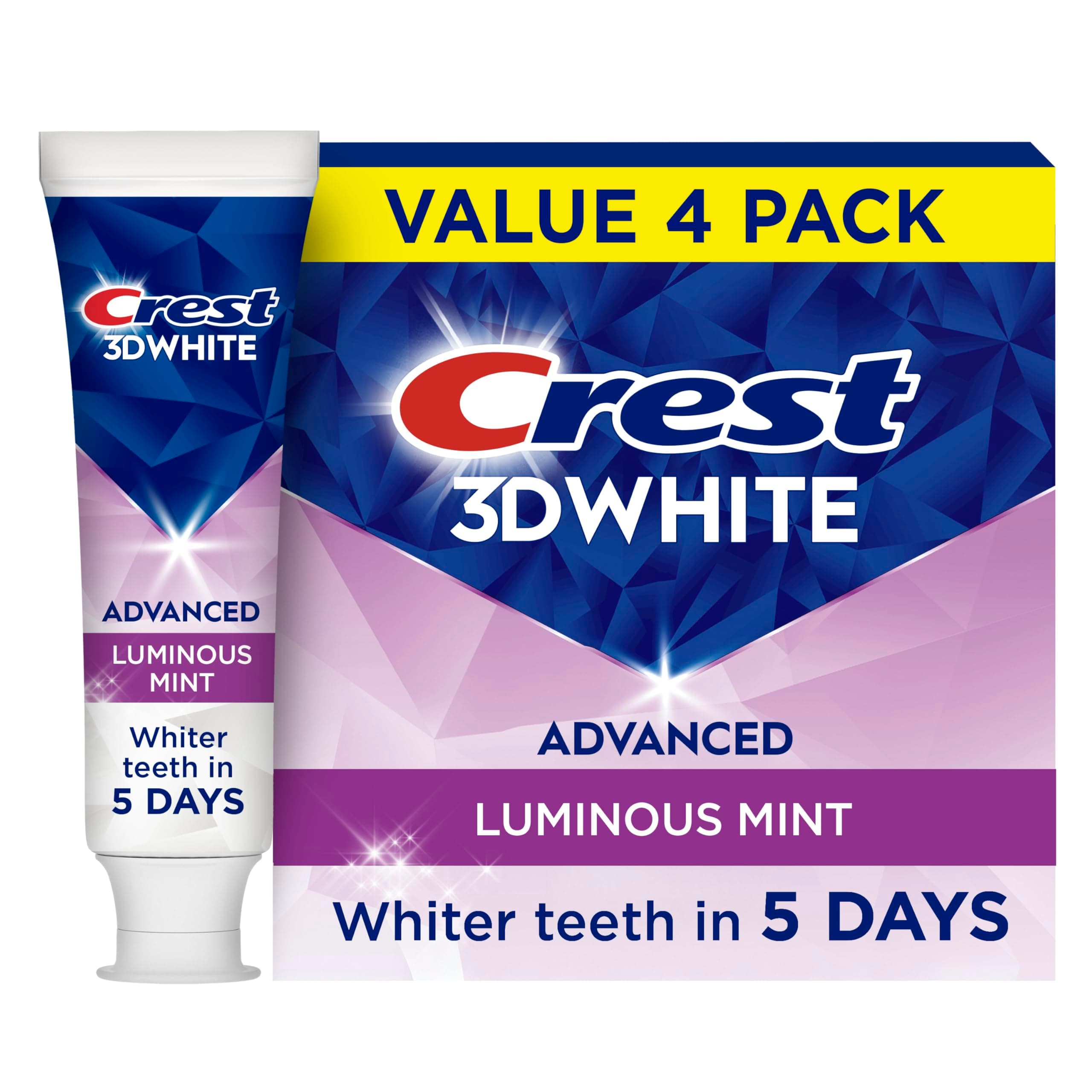 3D White Advanced Luminous Mint Teeth Whitening Toothpaste, Crest Toothpaste, 3.7 oz Pack of 4 - Helps Remove Surface Stains, Whitens Teeth, Strengthens Tooth Enamel, Protects Against Cavities