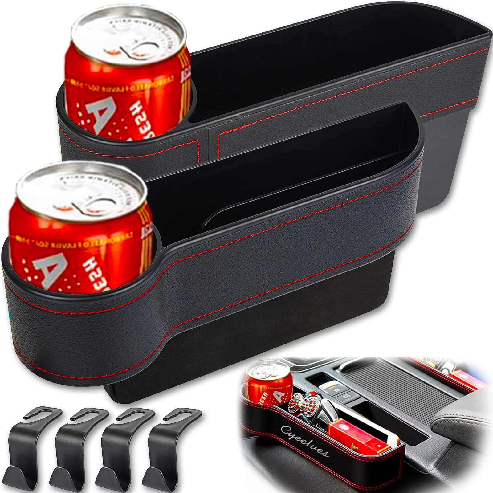 2 Pack Car Seat Gap Organizer 4 Hooks Universal Front Seat Box with Cup Holder