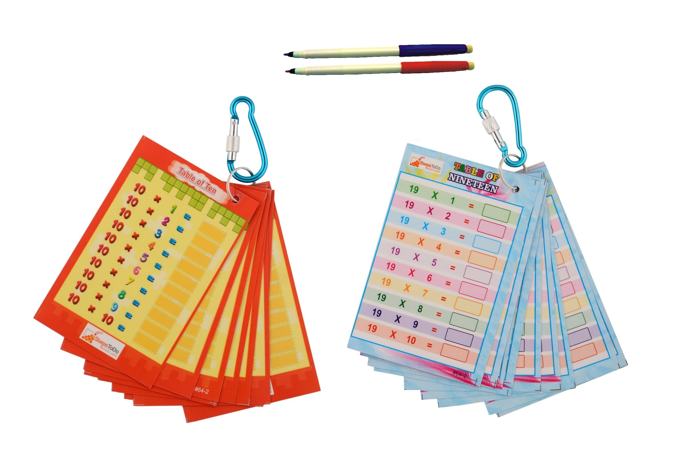 kutuhal write-wipe flash cards for self-learning of multiplication tables (from 2 to 19).- Multi color