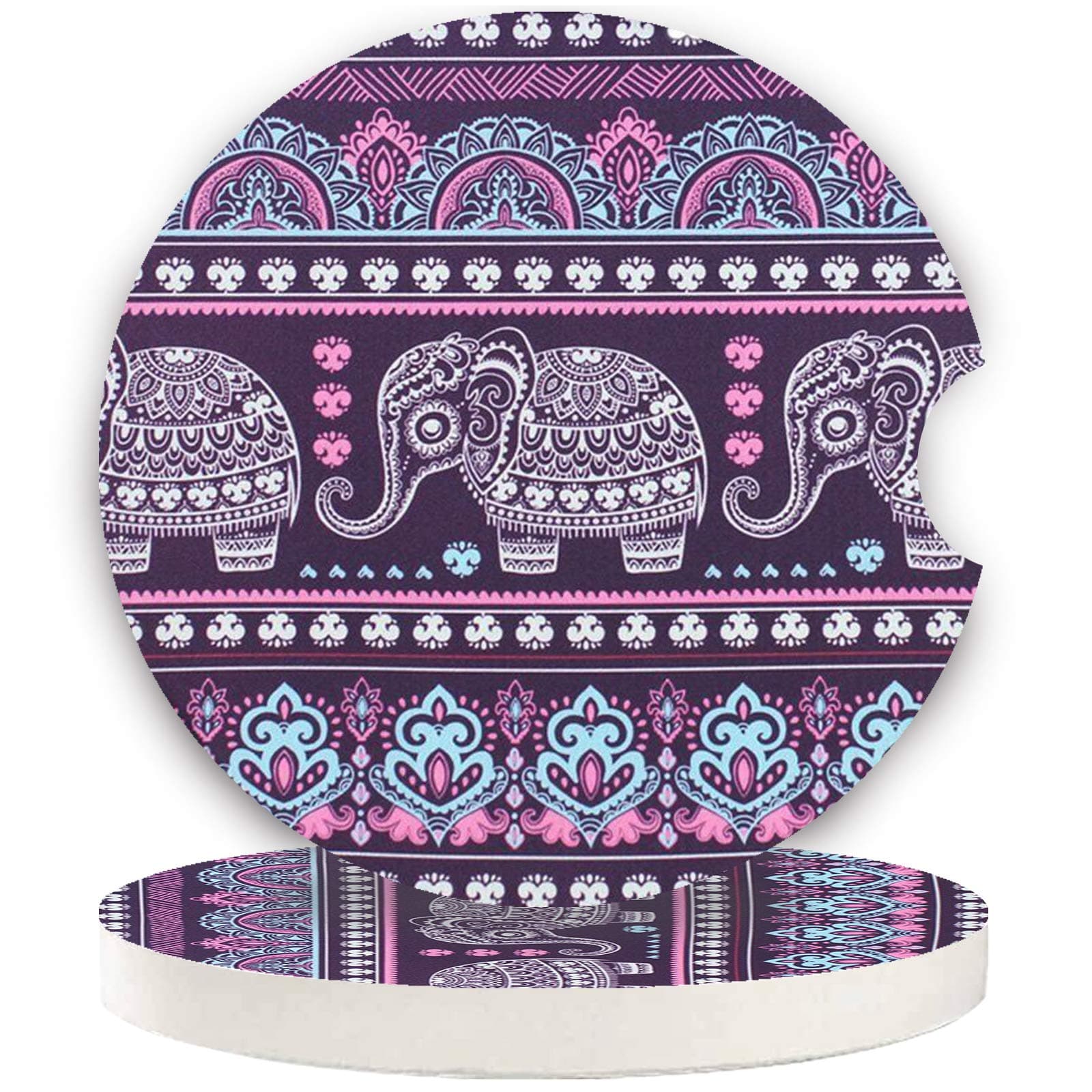 Small 2.56" Absorbent Car Coasters 2 Pack, Auto Cup Holder Accessories, Ceramic Coasters Absorb Spills to Keep Cupholders Clean (Purple Elephant)