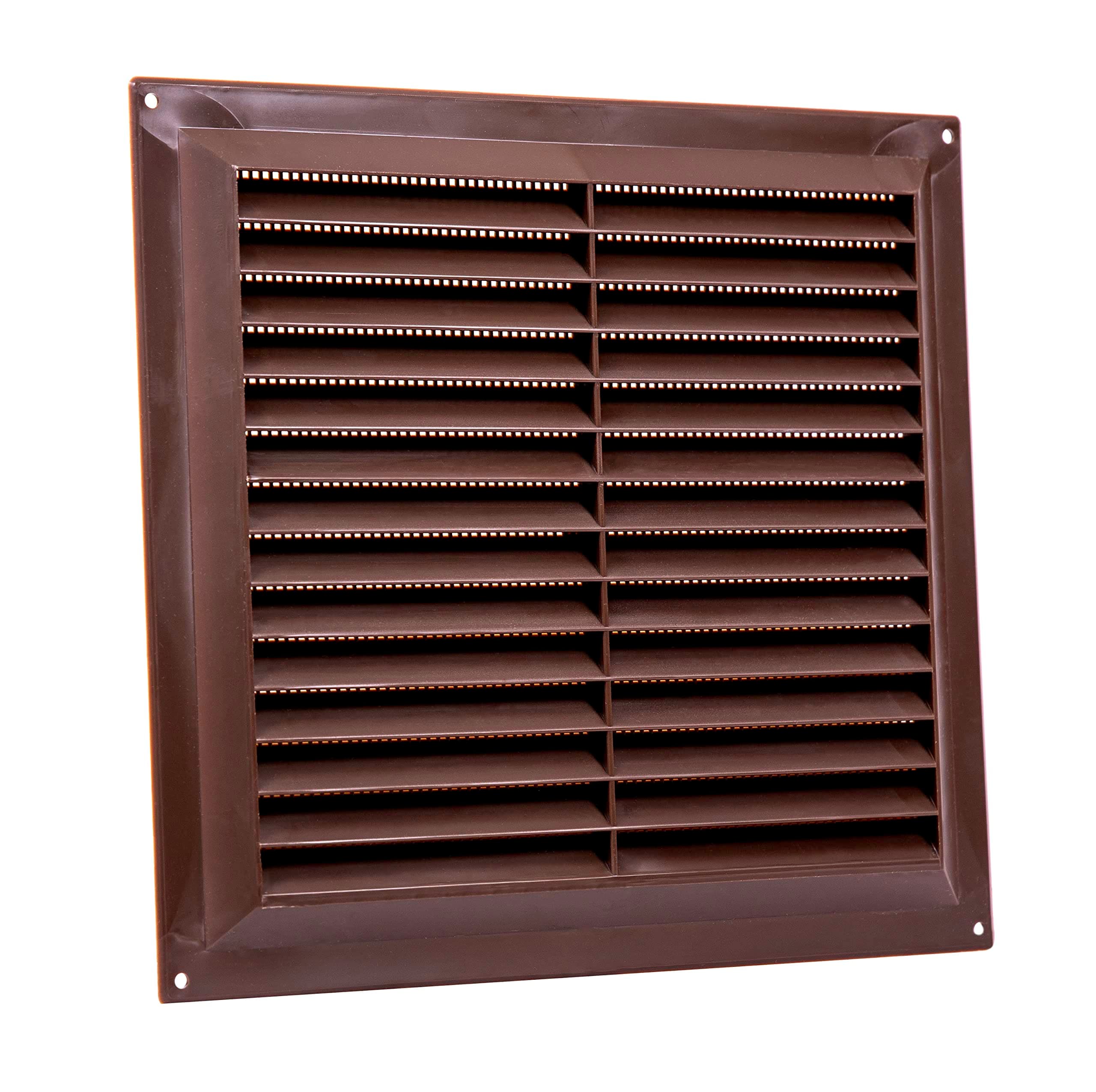 Map Plastic Louvre Air Vent with Flyscreen, for Openings 9" x 9" (229mm x 229mm), Triple Brick Grille Cover for Interior & Exterior Use, Brown