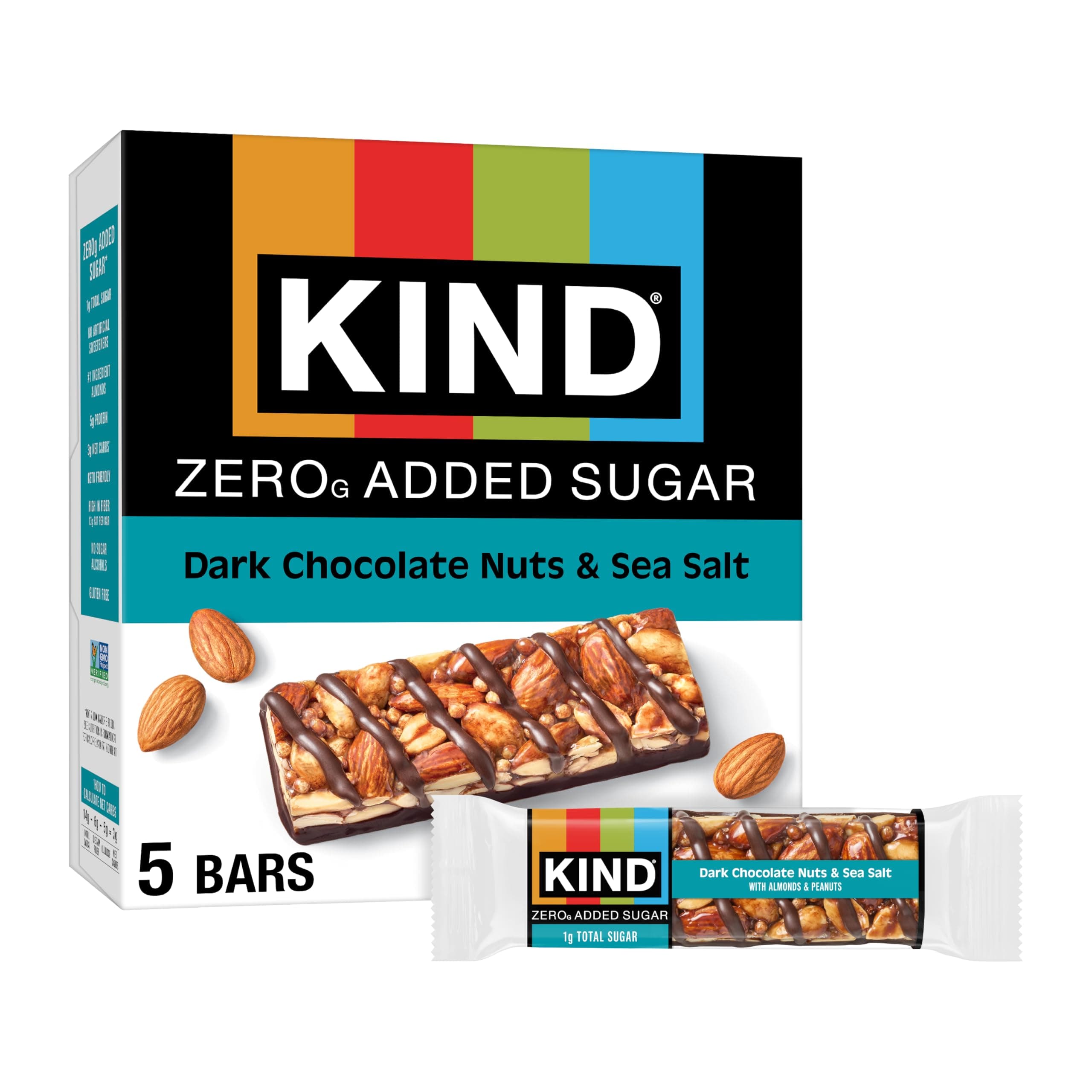 Zero Added Sugar Healthy Snacks Bars, Dark Chocolate Nuts & Sea Salt, Gluten Free, High Fiber, Keto Snacks, 5g Protein, 5 Count