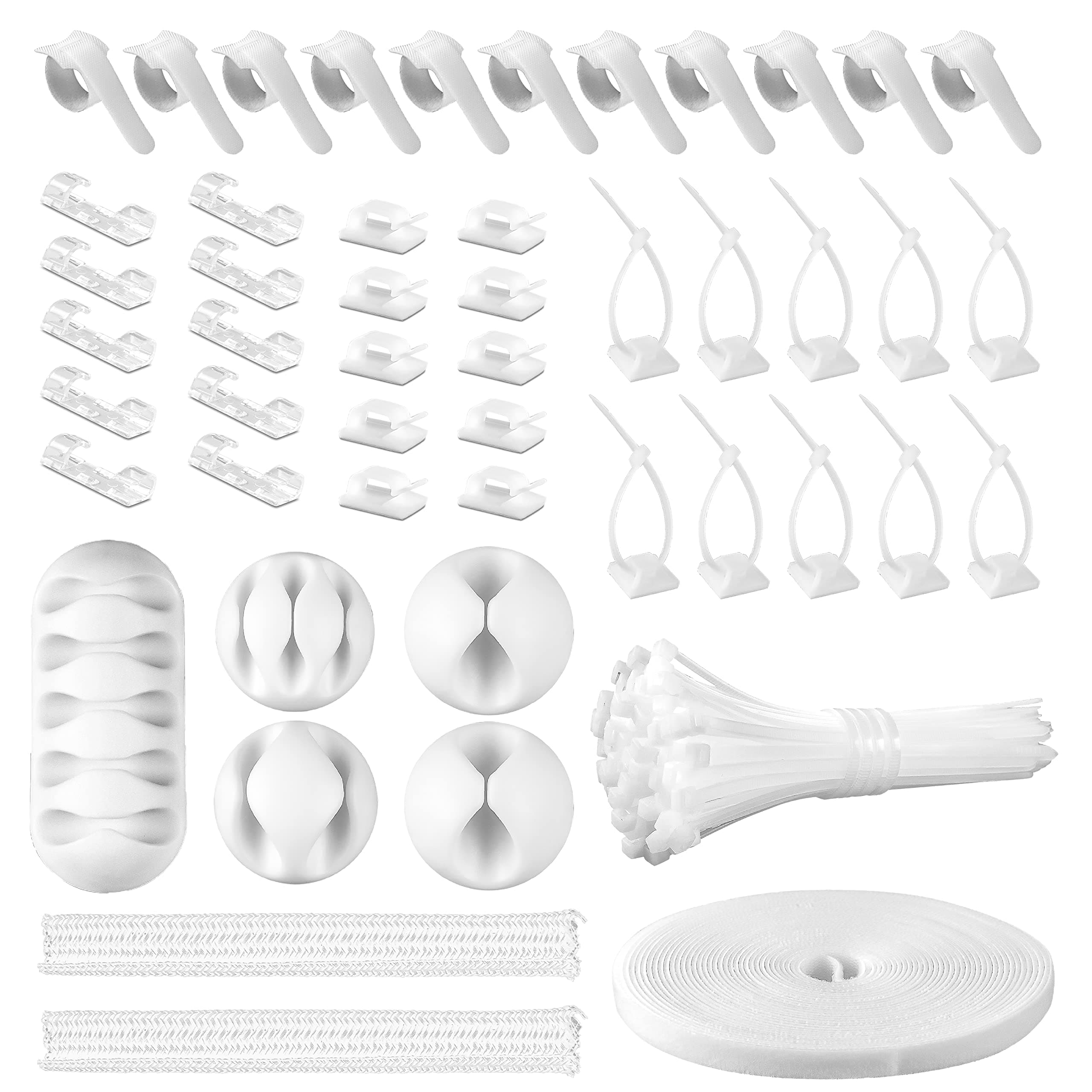 White Cable Management Organizer Kit, 2 Wire Sleeve Protector, 41 Self Adhesive Cable Clips Holder, 10pcs+2 Roll Reusable Cable Ties and 100 Cable Zip Ties for TV Computer Cord Tidy Under Desk