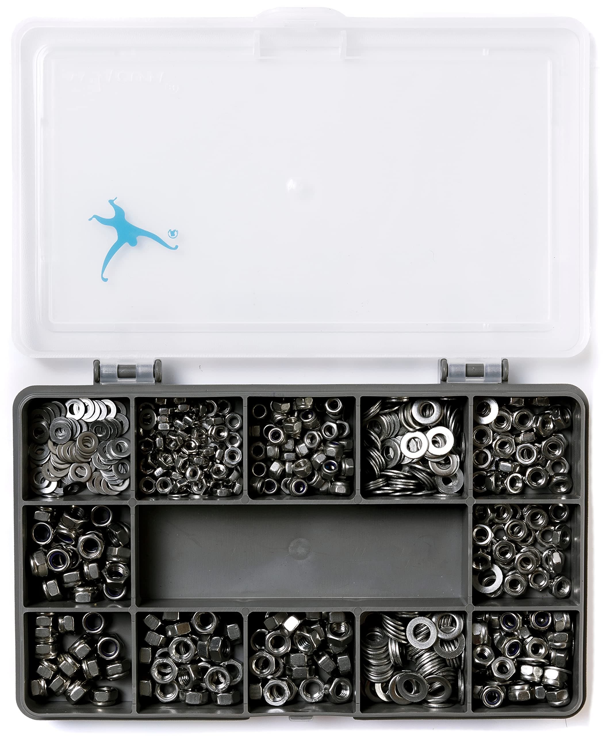 Set of 540 Assorted Nuts (Full Hex and Nyloc) and Washers -M3, M4 and M5- A2-70 (304 Grade) Stainless Steel; Sturdy Recycled Compartment Box