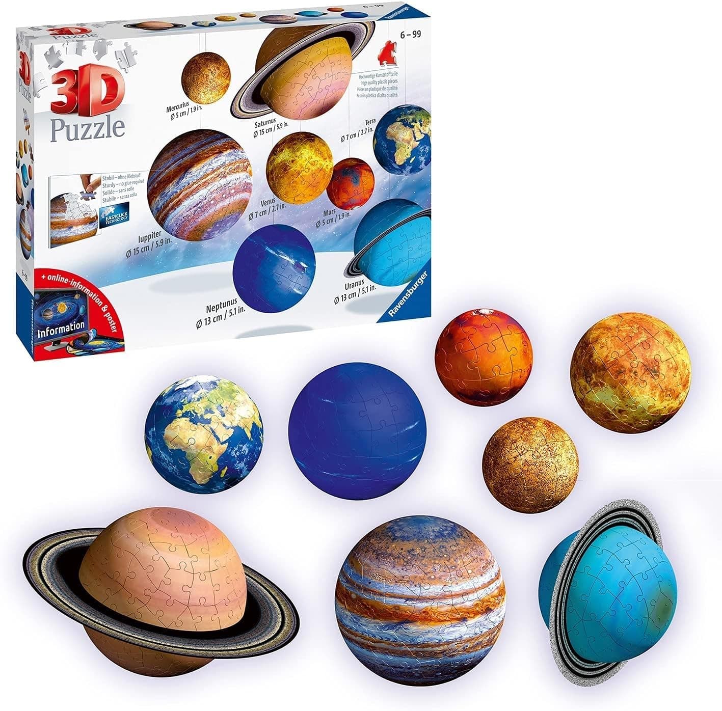 Ravensburger 3D Planetary Solar System Puzzle – 540-Piece 3D Puzzle Set with 8 Scale Planets, Stands, Sun Mobile & Poster – Educational Astronomy Kit for Ages 6+ | 11668‑3