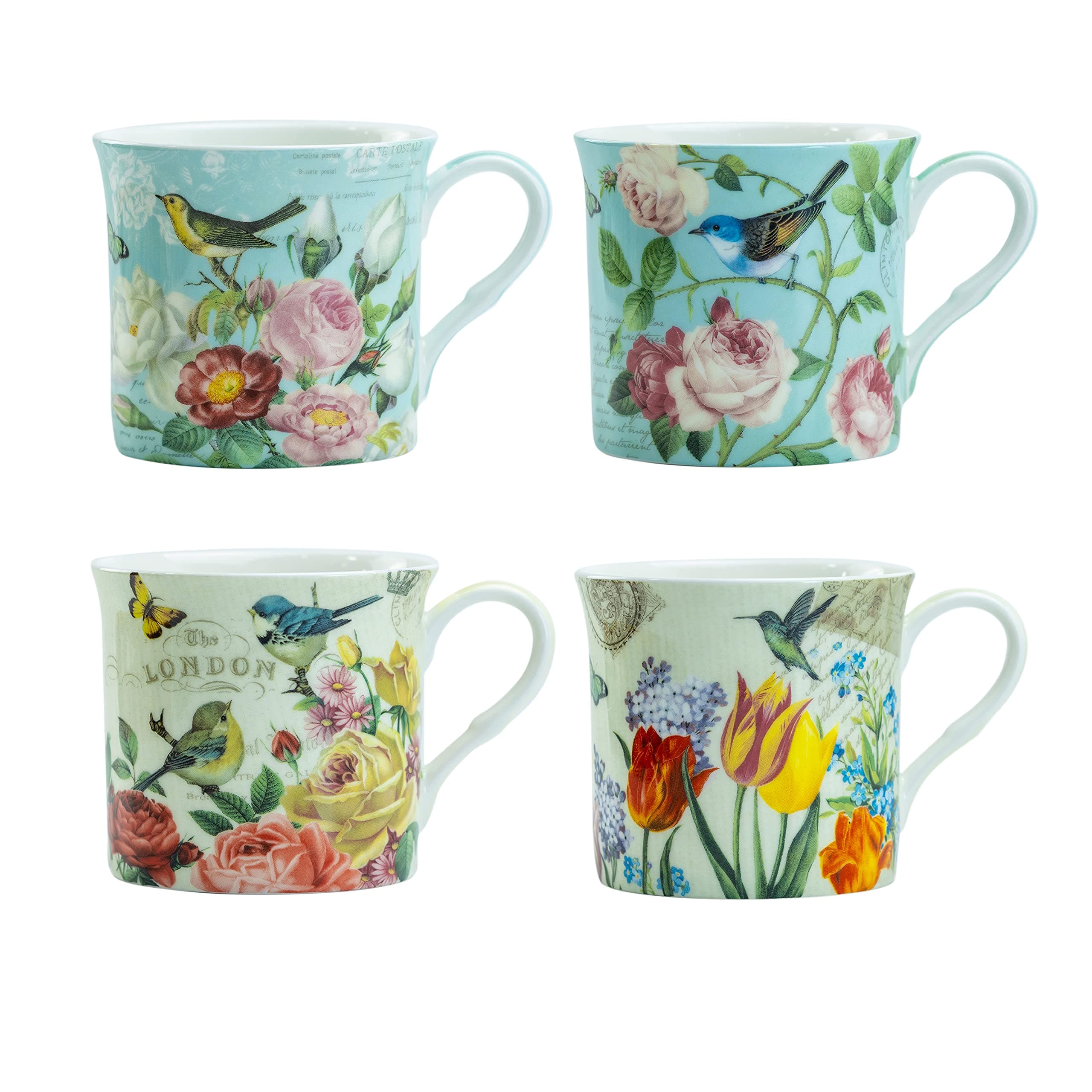 Grace Teaware Bone China Coffee Tea Mugs 10-Ounce, Assorted Set of 4 (Botanical Bird Garden)