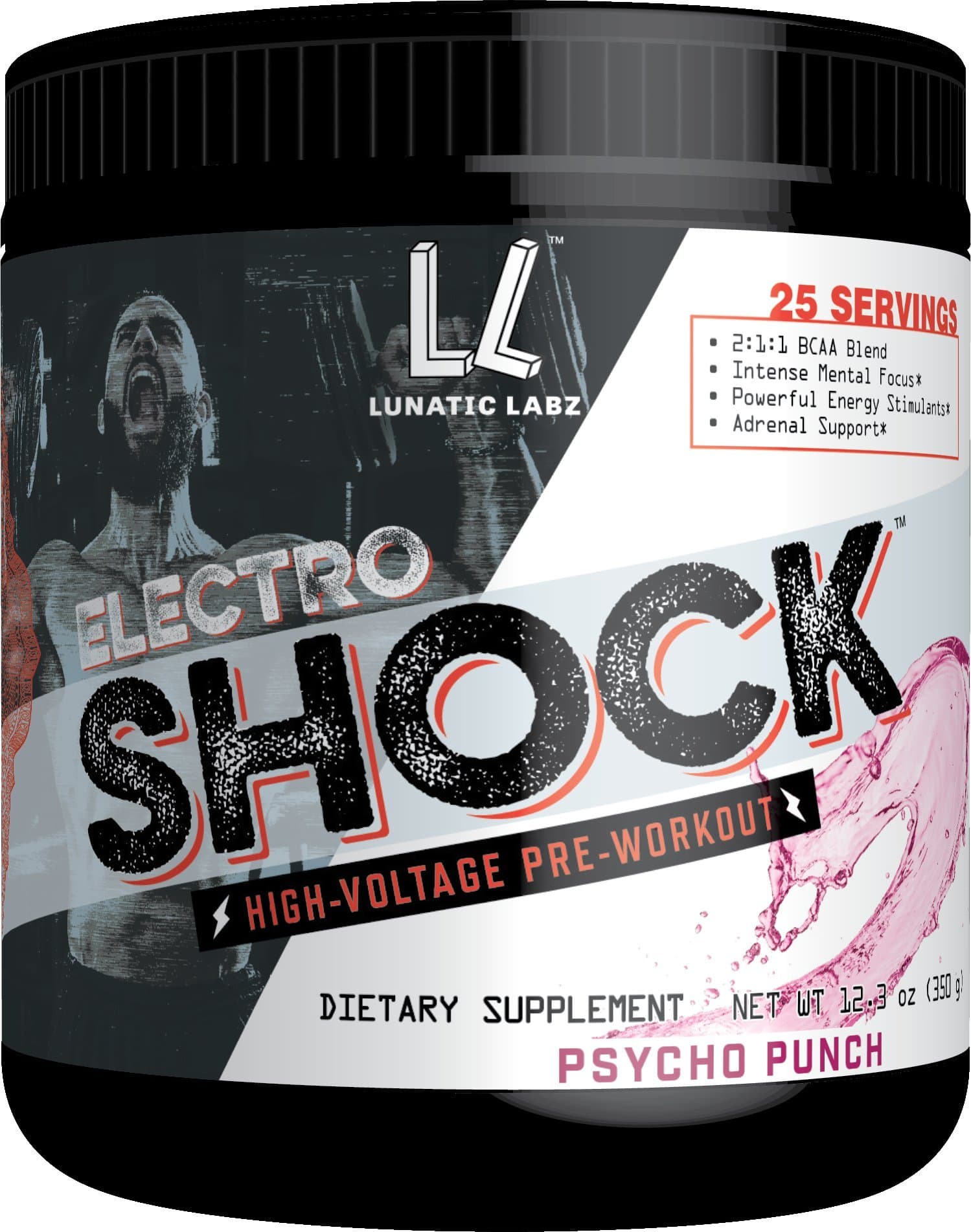 Lunatic Labz Electro Shock High-Voltage Pre Workout, 400 mg Caffeine, 2:1:1 BCAA Blend, KSM-66 Adrenal Support, Nitrosigine Nitric Oxide Booster, 25 Servings
