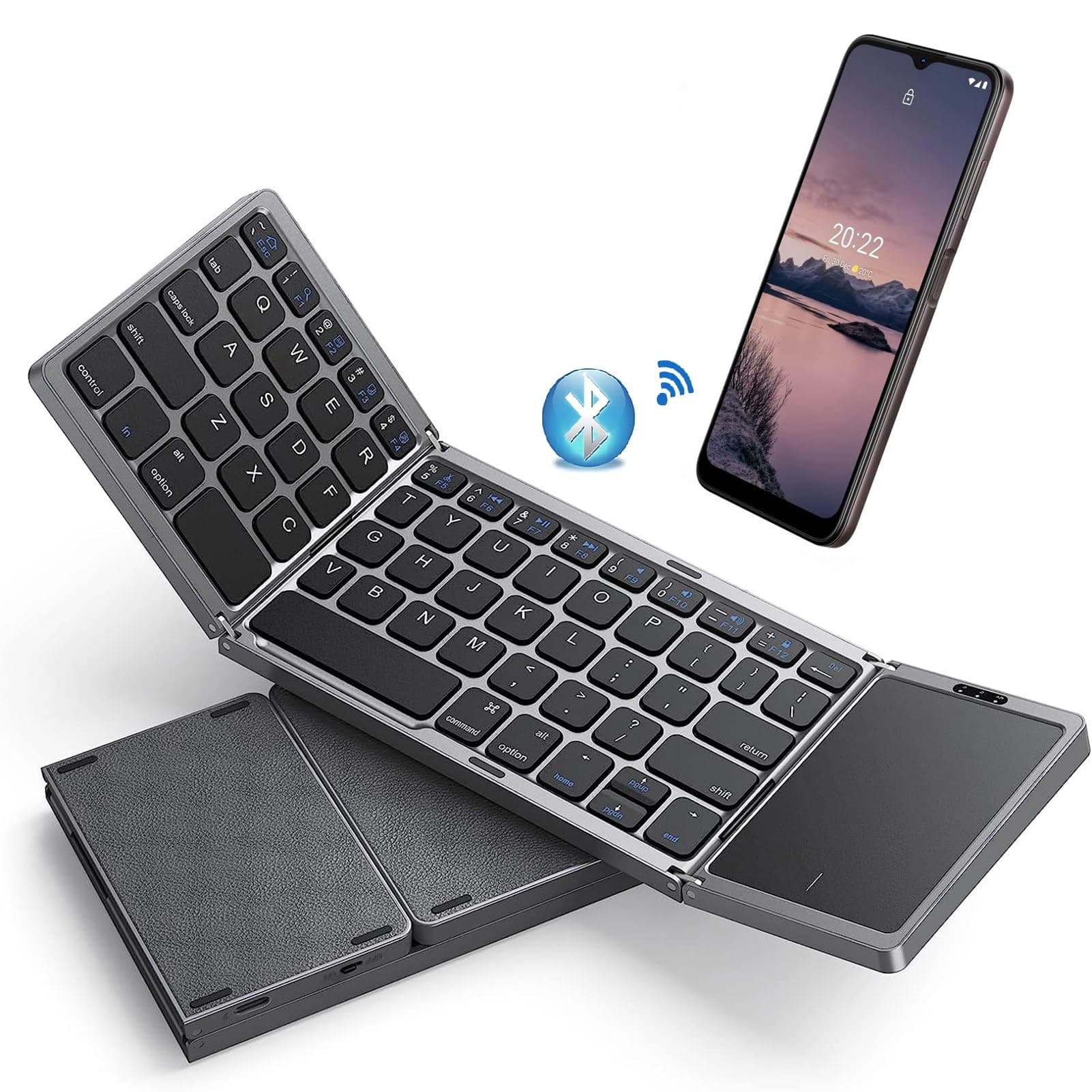 TDOO Wireless Foldable Bluetooth Keyboard For Travel, Pocket-Sized Tri-Folded Portable Keyboard With Touchpad, Type-C Rechargeable Travel Keyboard For Windows Mac Android iOS, Sync Up to 3 Devices