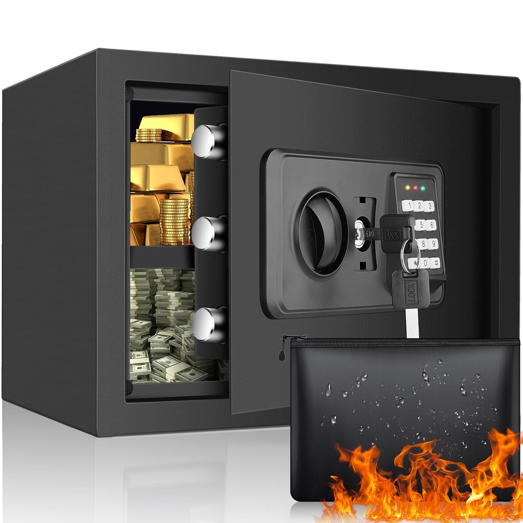 1.0 Cubic Fireproof Waterproof Safe with Digital Keypad Key, Anti-Theft Safe for Pistol Money Medicine Documents