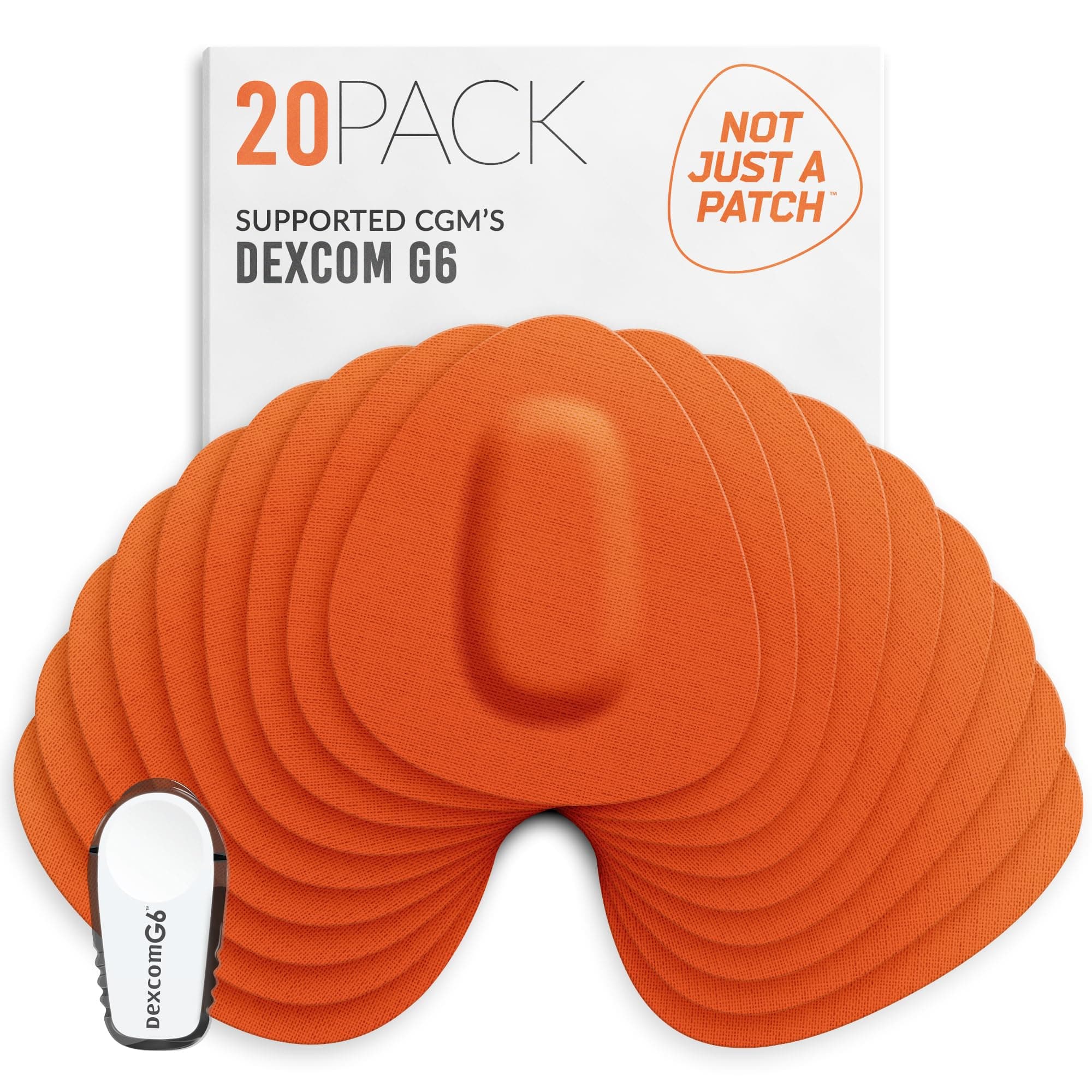 – Not Just A Patch CGM Sensor Patches for Dexcom G6 & MiaoMiao (20 Pack) - Water Resistant & Durable for Active Lifestyle for 10-14 Days - Pre-Cut Dexcom G6 Adhesive Patches in Orange