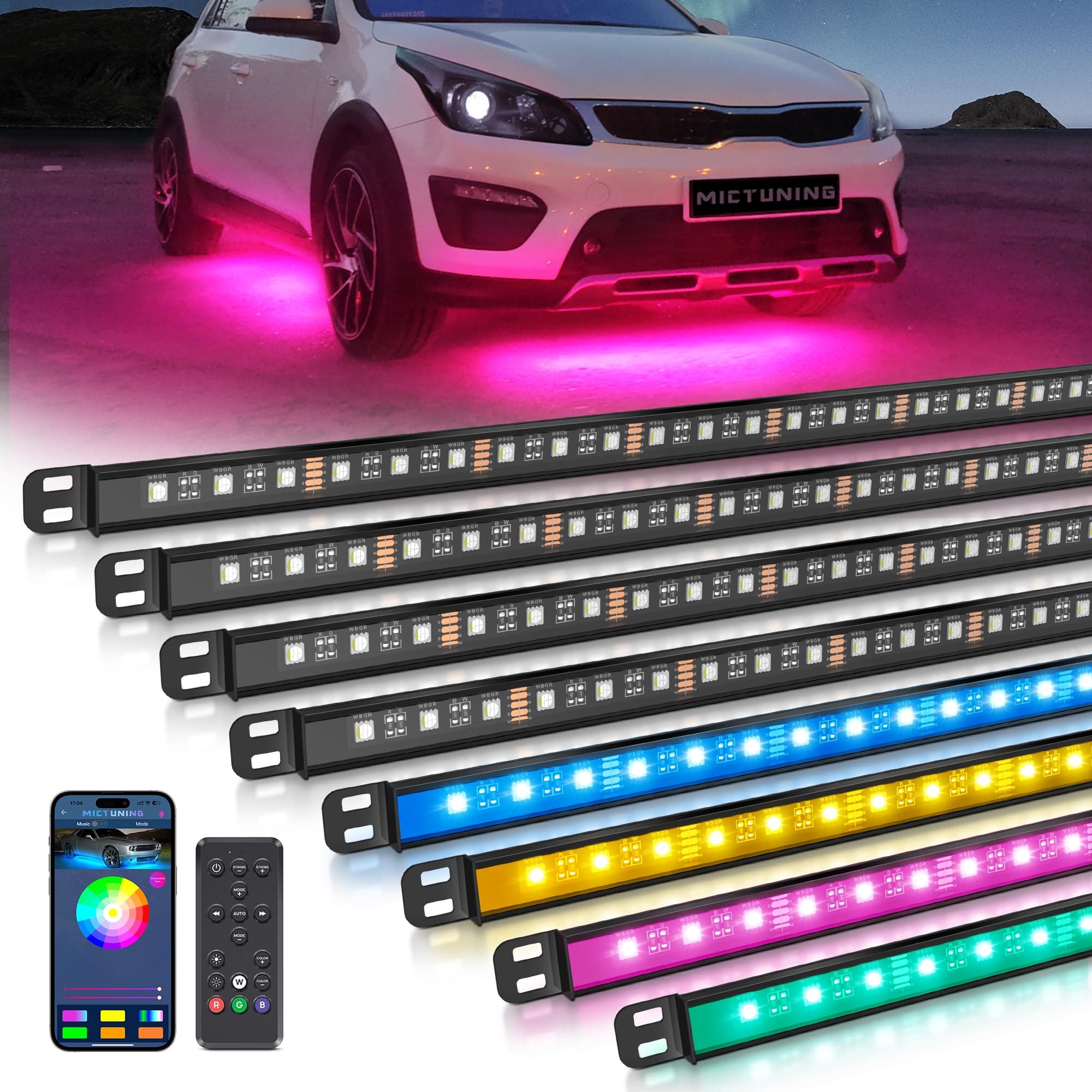 - MICTUNING N8 RGBW Underglow Light Bars for SUVs, App/Remote Control, Aluminum Housing Waterproof, Exterior Neon Accent Underbody LED Light Strips, w/ 2pcs 9.8ft Extension Cords, 8PCS