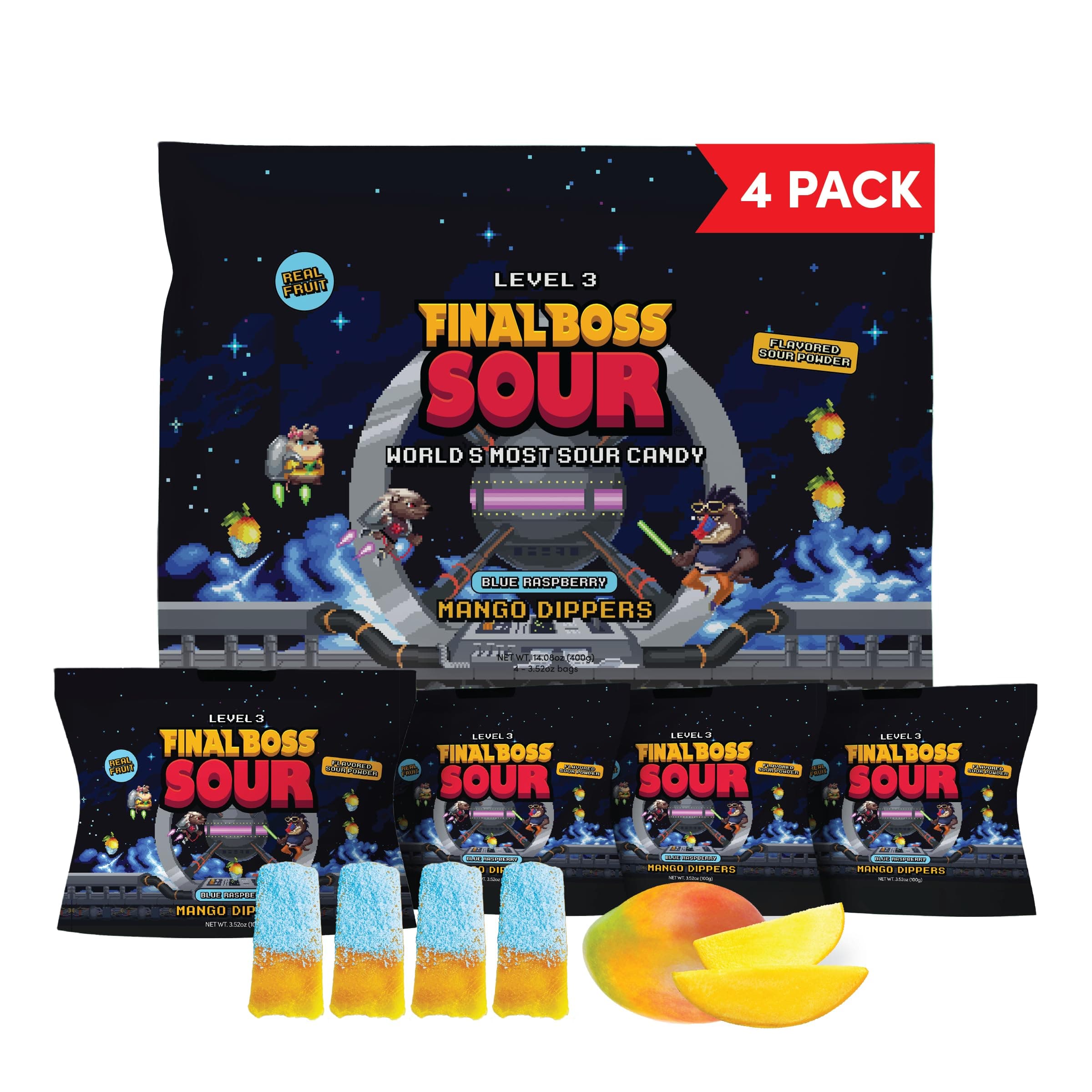 - Final Boss Sour Fun Dip, Blue Raspberry, 4 Pack, Level 3, Extreme Super Sour Powder with Real Candy Tasting Dried Mangoes, All Natural 80s & 90s Sour Candy for Kids, Teens & Adults